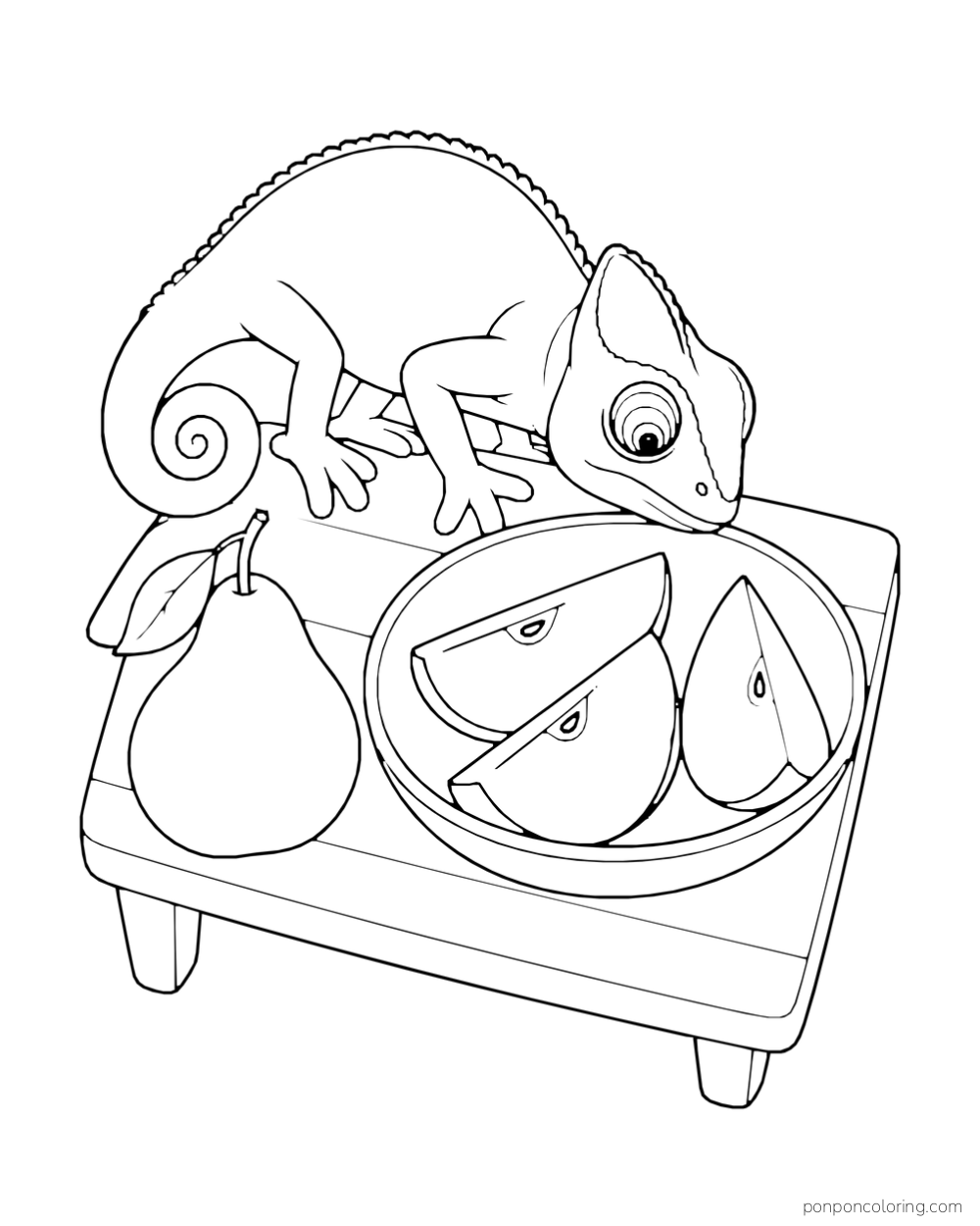 A chameleon looks into a round divided plate with pear slices beside a whole pear on a table.