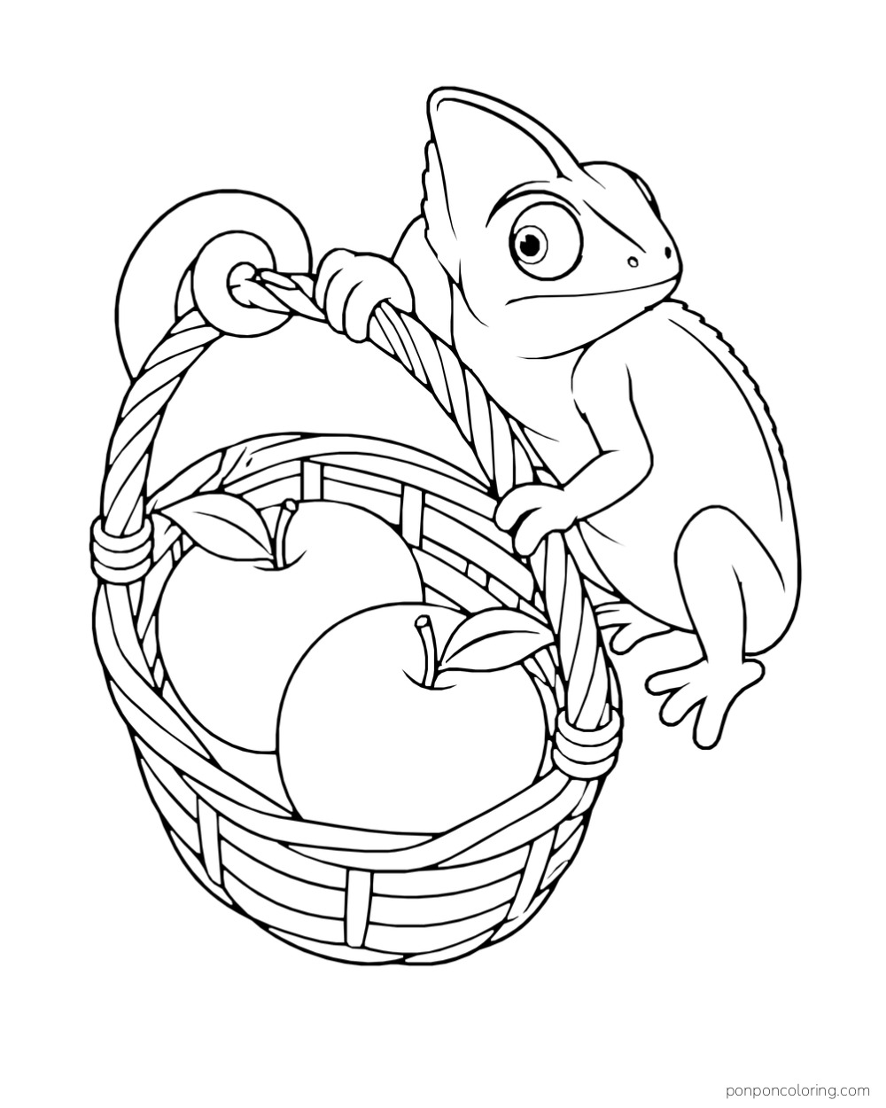 A chameleon curls its tail around the handle of a wicker basket holding two apples.