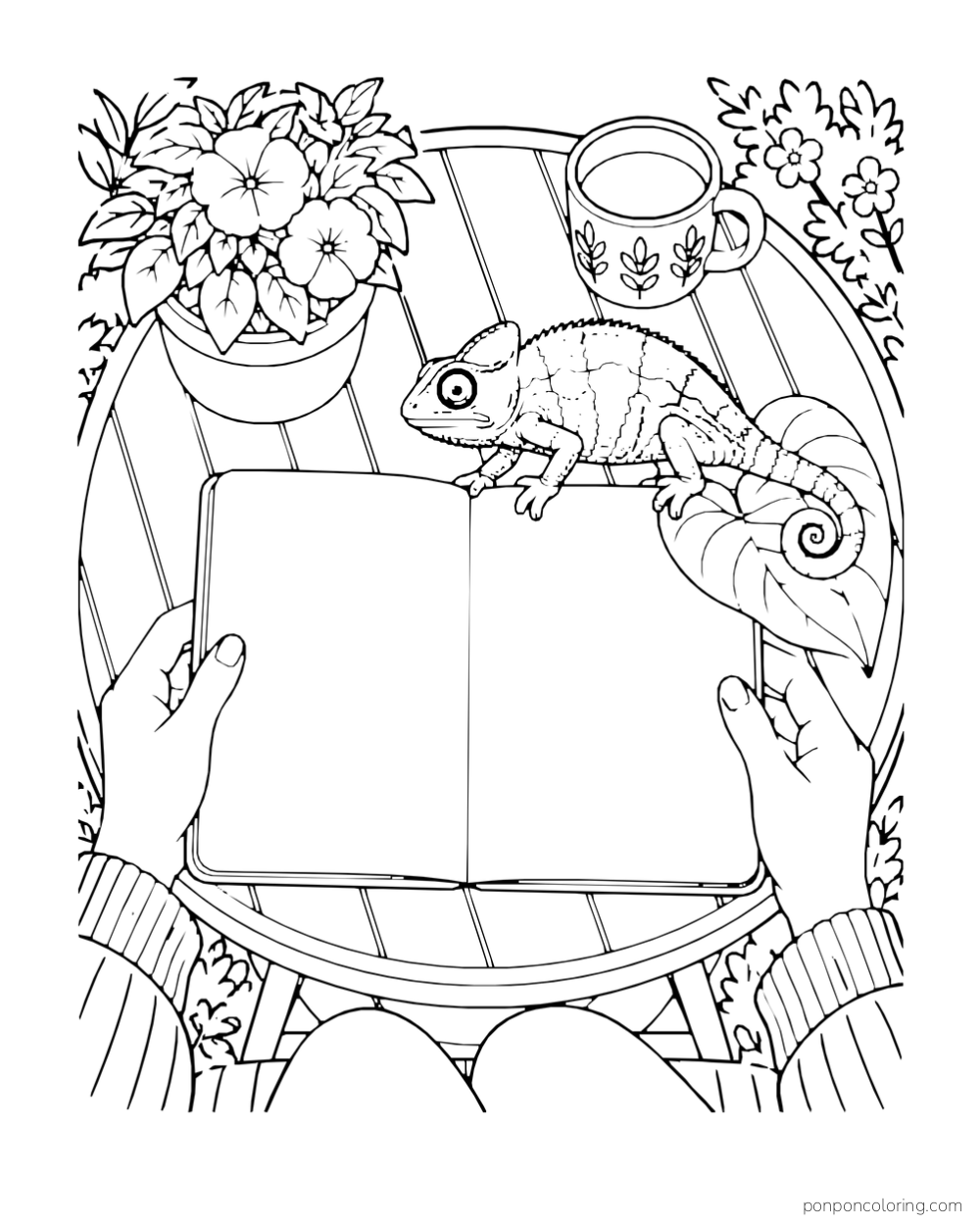 Seen from above, an adult holds an open blank field notebook while a chameleon rests by it on a garden table.