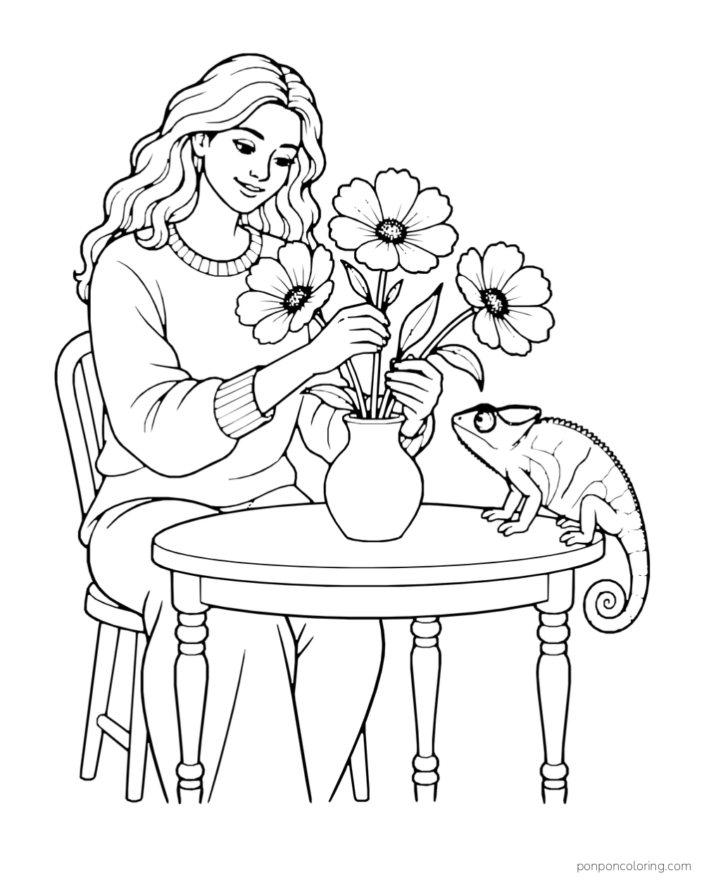 A seated adult arranges three flowers in a vase while a chameleon watches from the table edge.