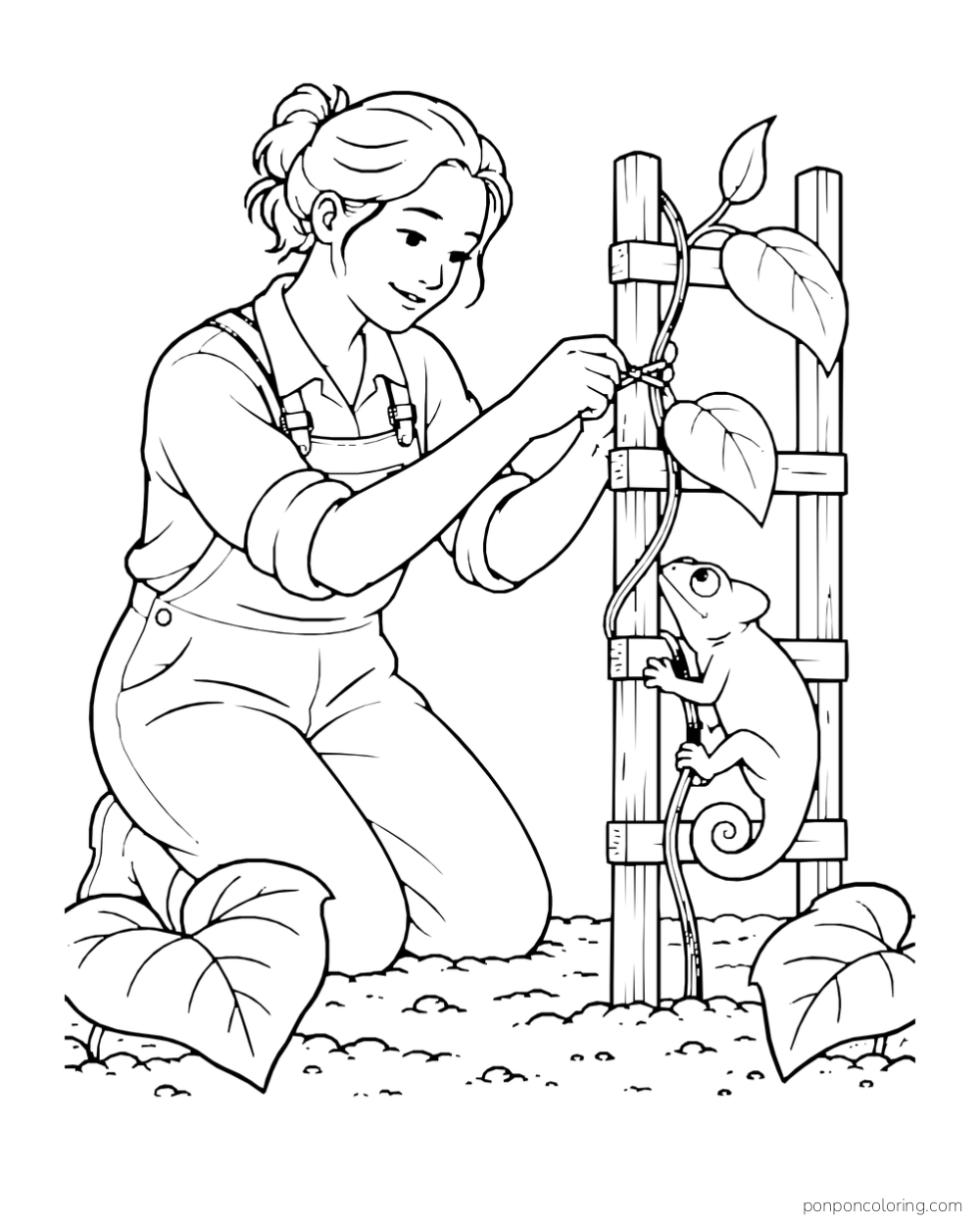 An adult gardener ties a vine to a short trellis while a chameleon grips a lower rung.