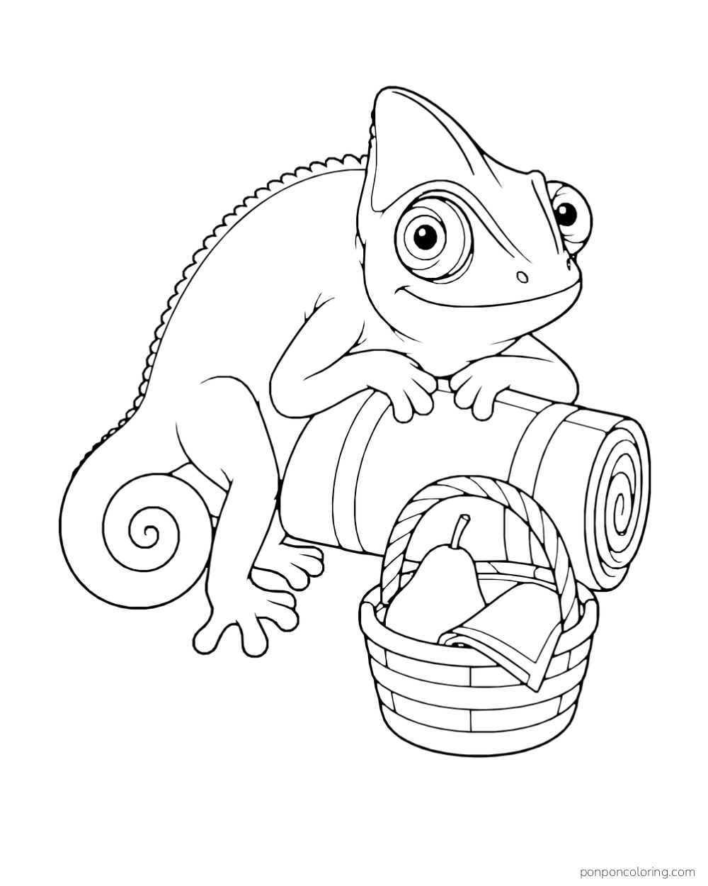 A chameleon leans against a rolled picnic mat beside a small basket with a pear and folded cloth.