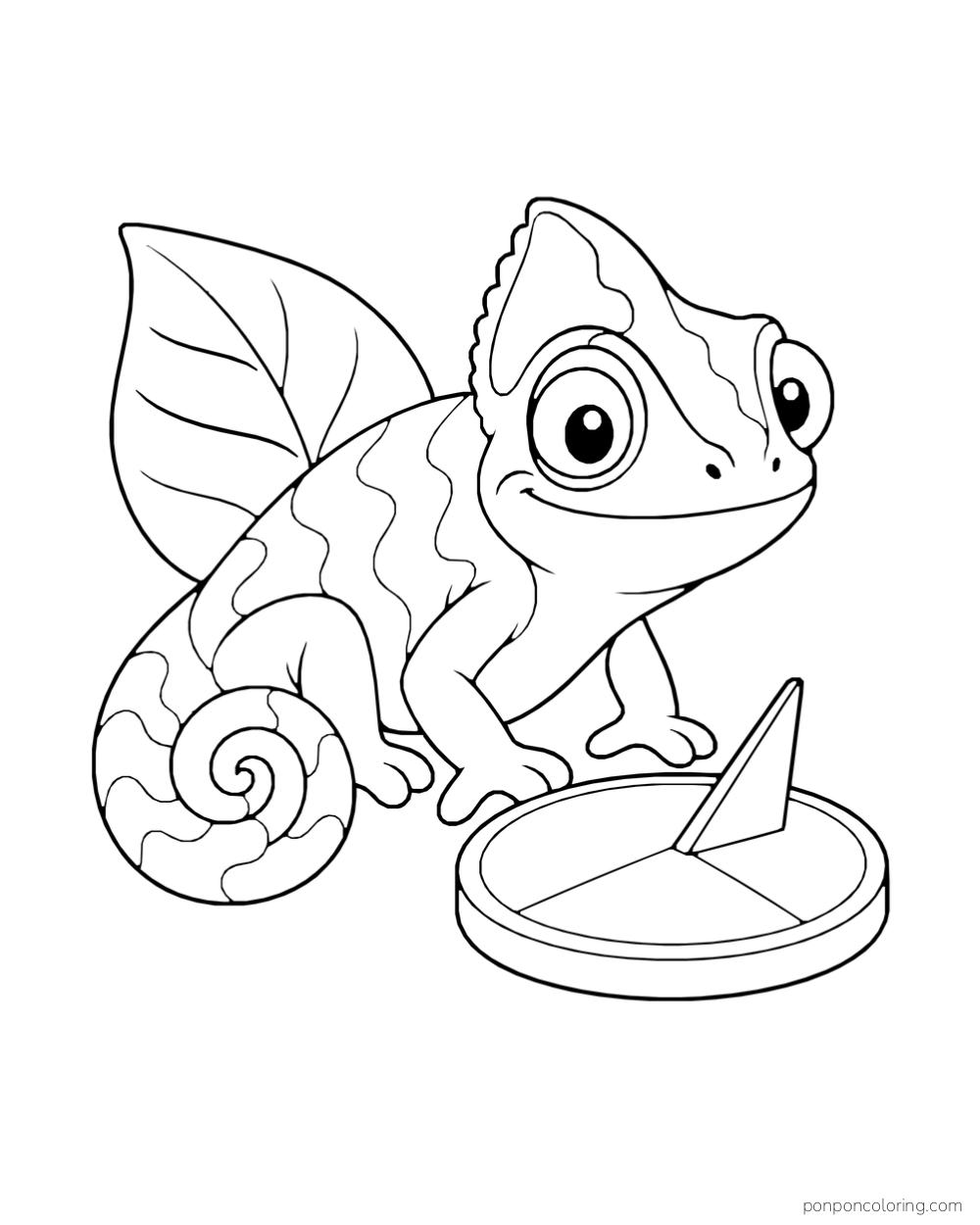 A chameleon sits beside a simple round garden sundial with a triangular pointer.