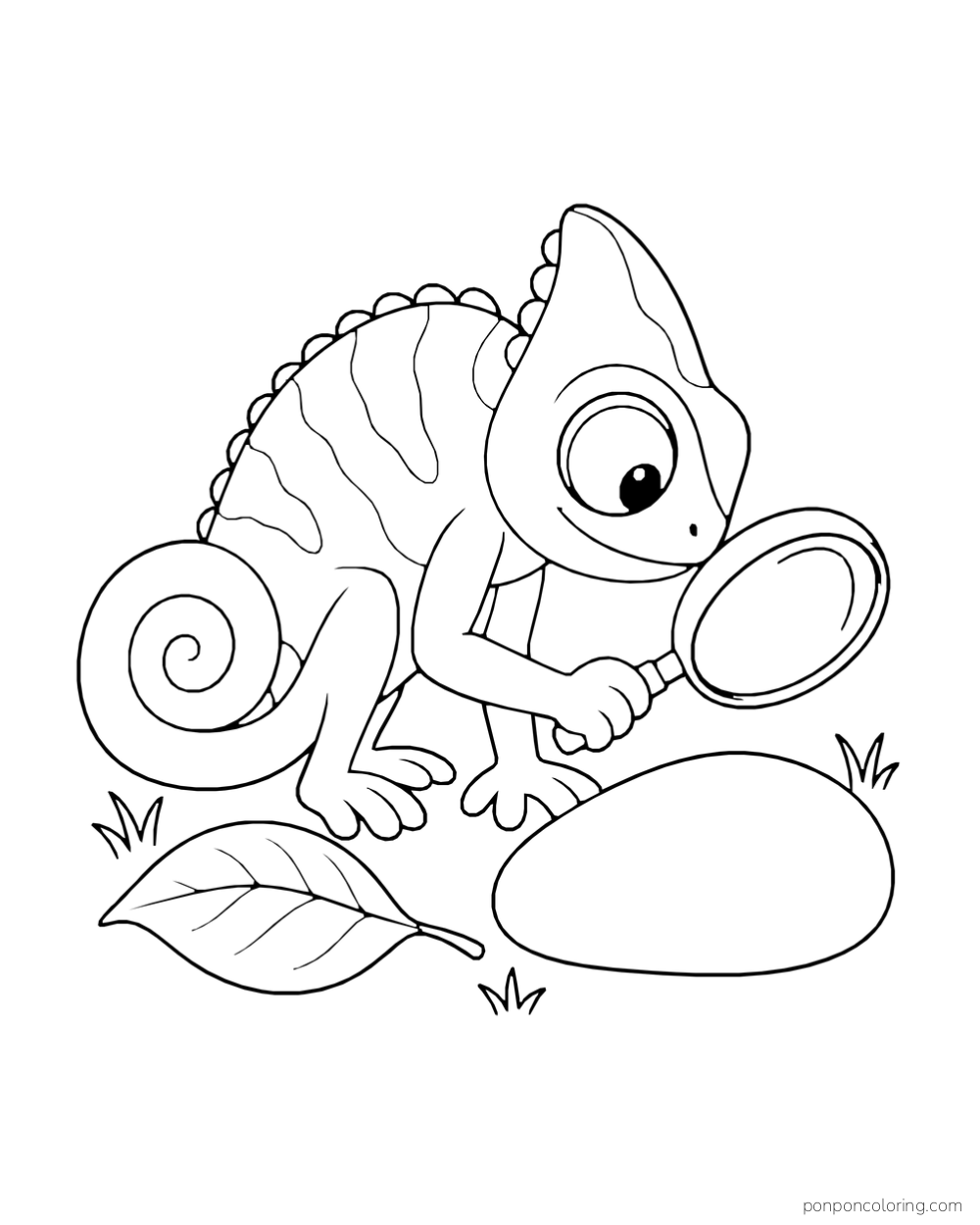 A chameleon holds a round magnifying glass toward a smooth garden stone beside a leaf.