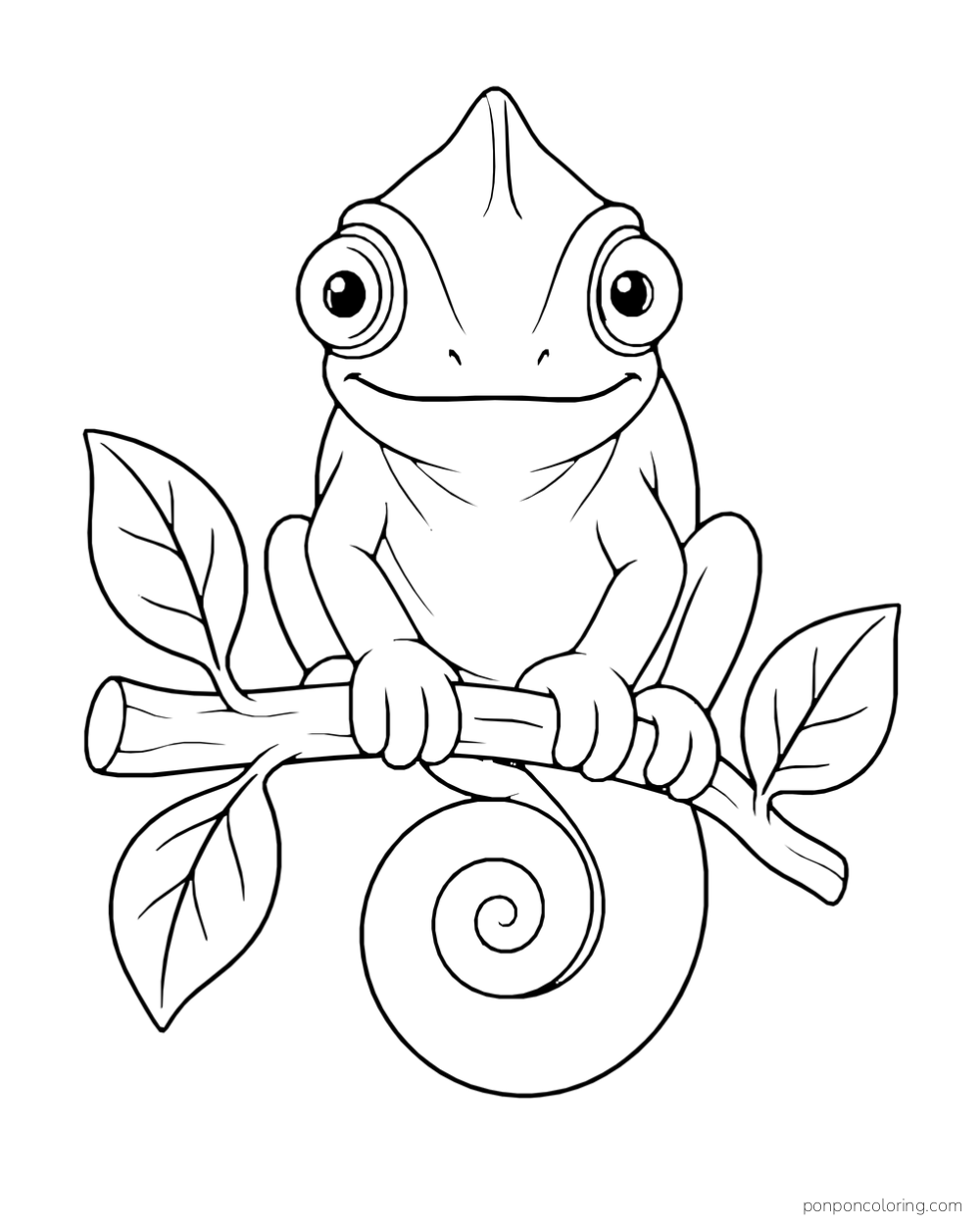 A front-facing chameleon grips a short branch between two leaves with its tail curled below.