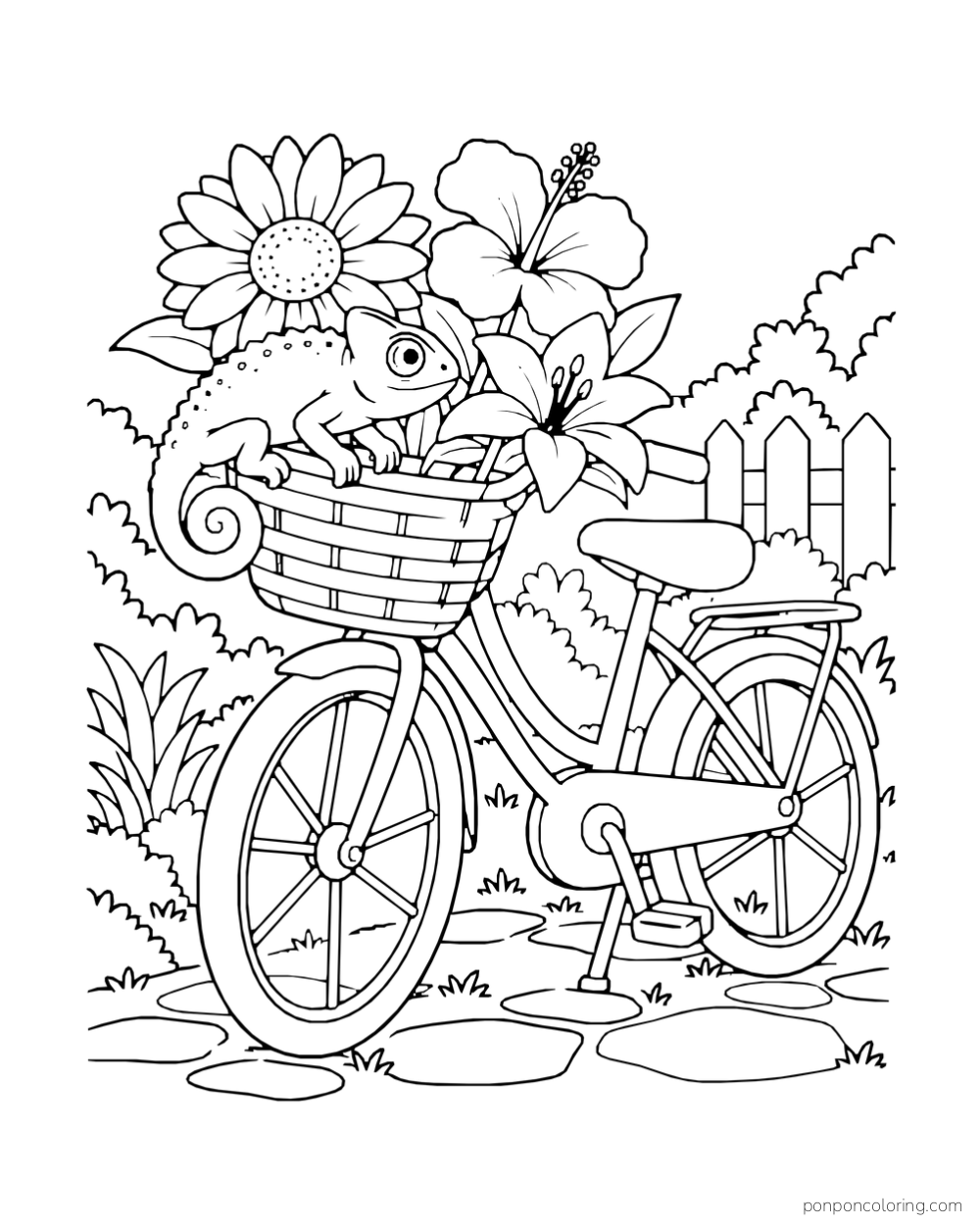 A chameleon rests in a flower-filled basket on a parked bicycle.