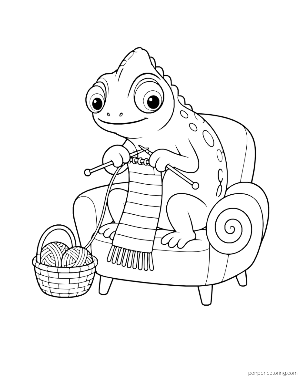A chameleon knitting a striped scarf in an armchair beside a basket of yarn balls.