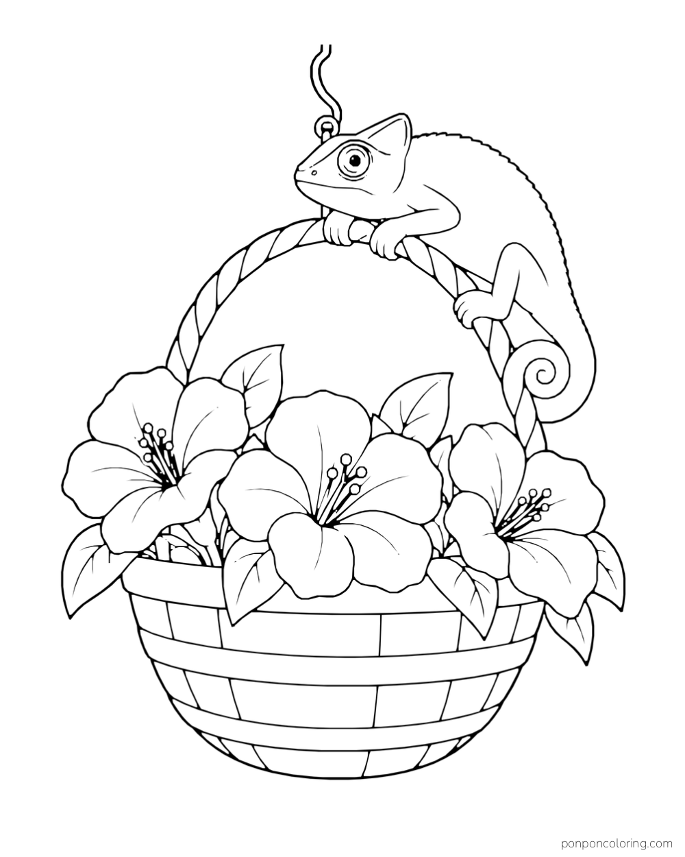 A chameleon rests across the handle of a basket filled with three large flowers.