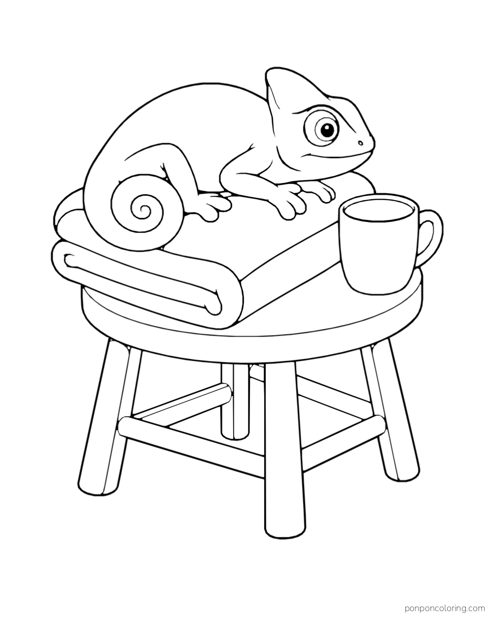 A chameleon curls on a folded blanket beside a plain cup on a low stool.