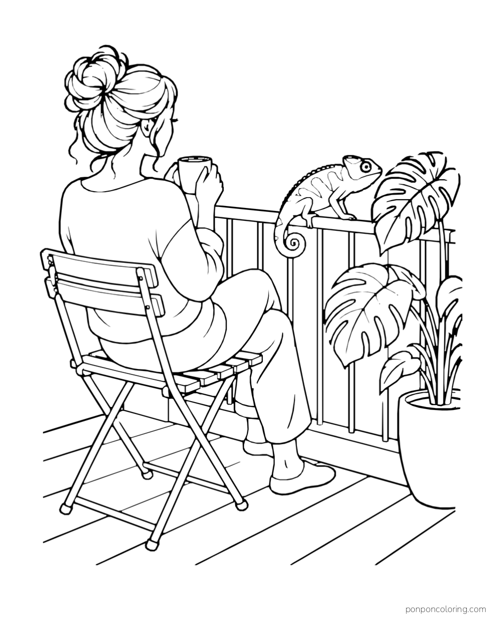 An adult sits with a cup on a balcony while a chameleon rests on the rail near a potted plant.