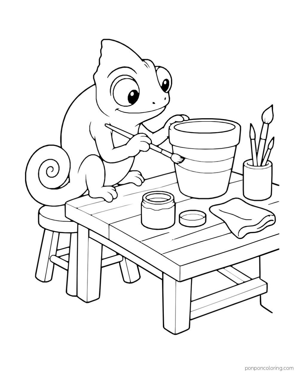 A chameleon holds a slim paintbrush beside a plain flowerpot and a cup of brushes on a worktable.