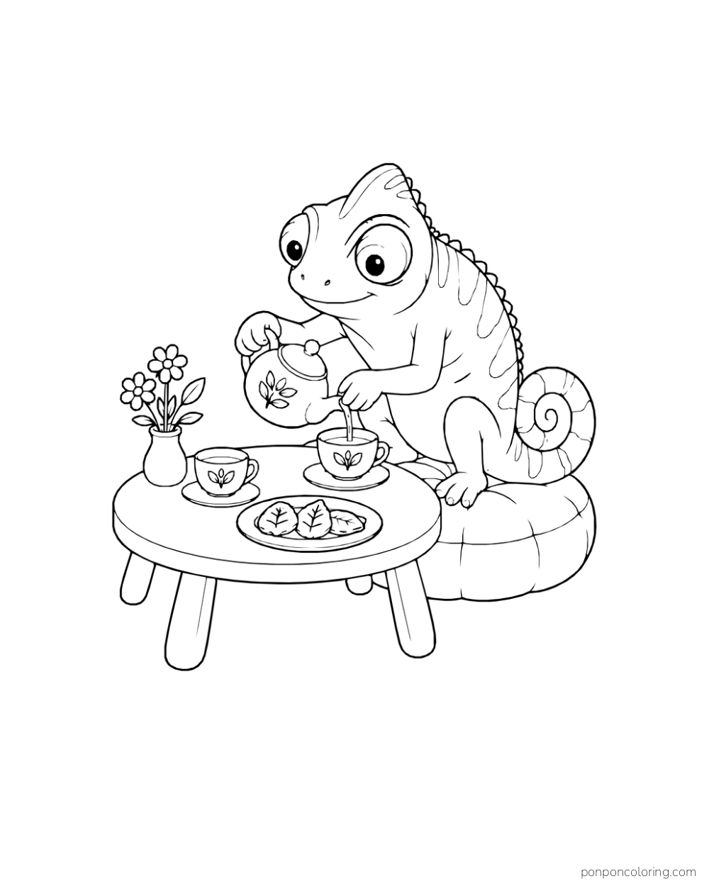 A chameleon on a round cushion pouring tea at a low table with two cups, a vase of flowers, and three leaf-shaped cookies.
