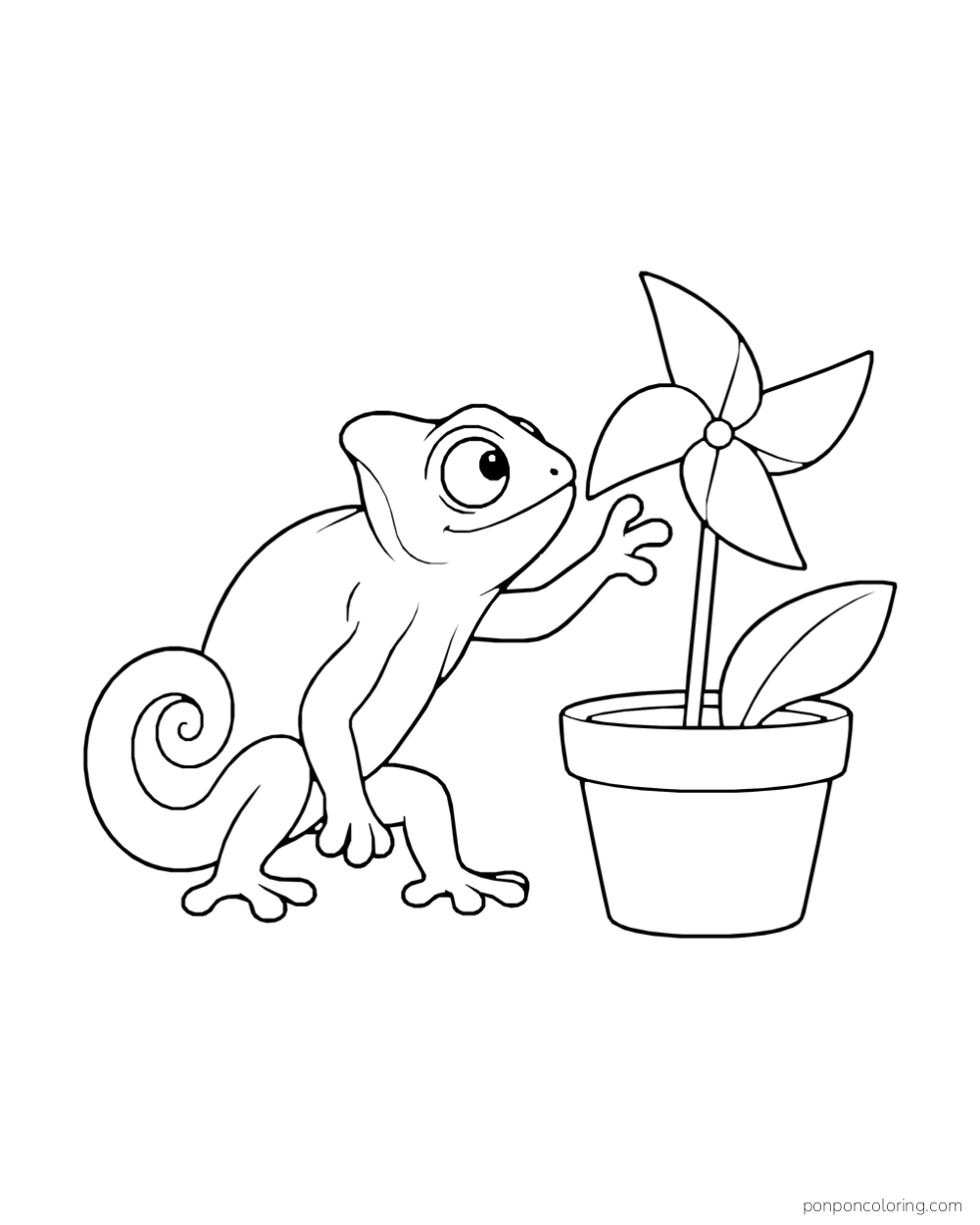 A chameleon reaches toward a four-petal pinwheel planted in a plain flowerpot.