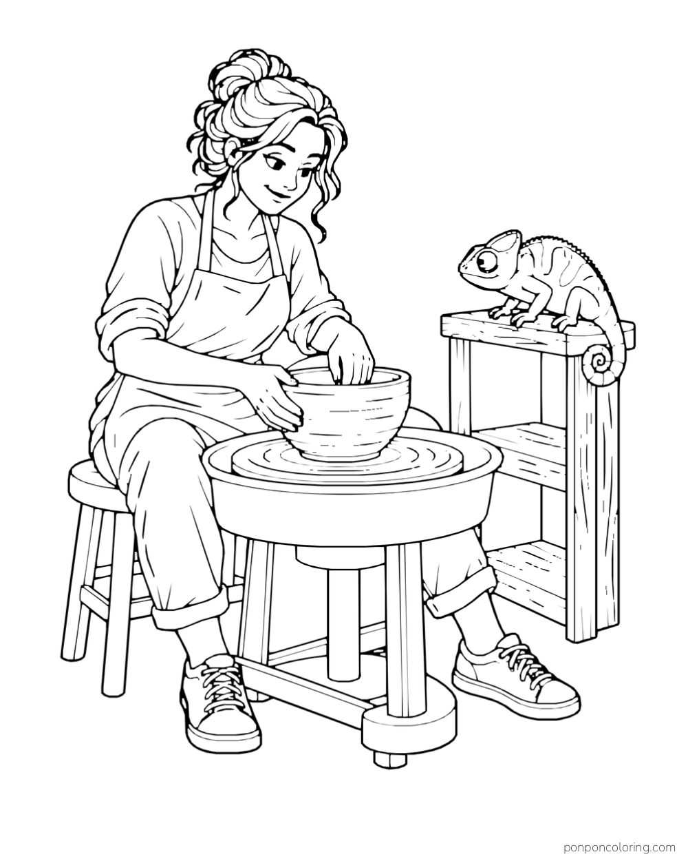 An adult shapes a bowl on a pottery wheel while a chameleon watches from a small shelf.