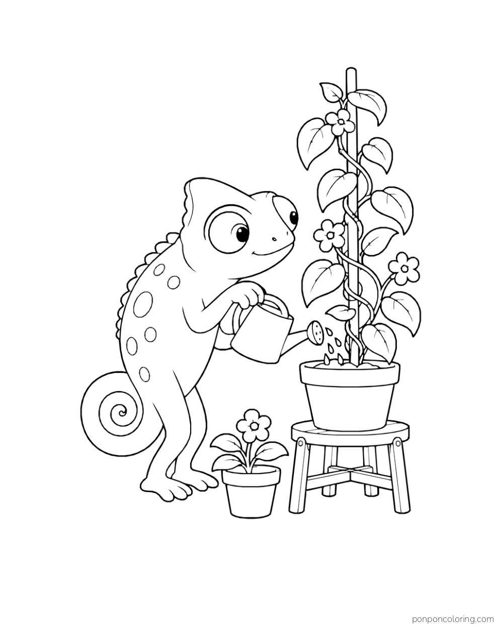 A chameleon holding a watering can beside a flowering vine in a pot on a stool, with a smaller flowerpot below.