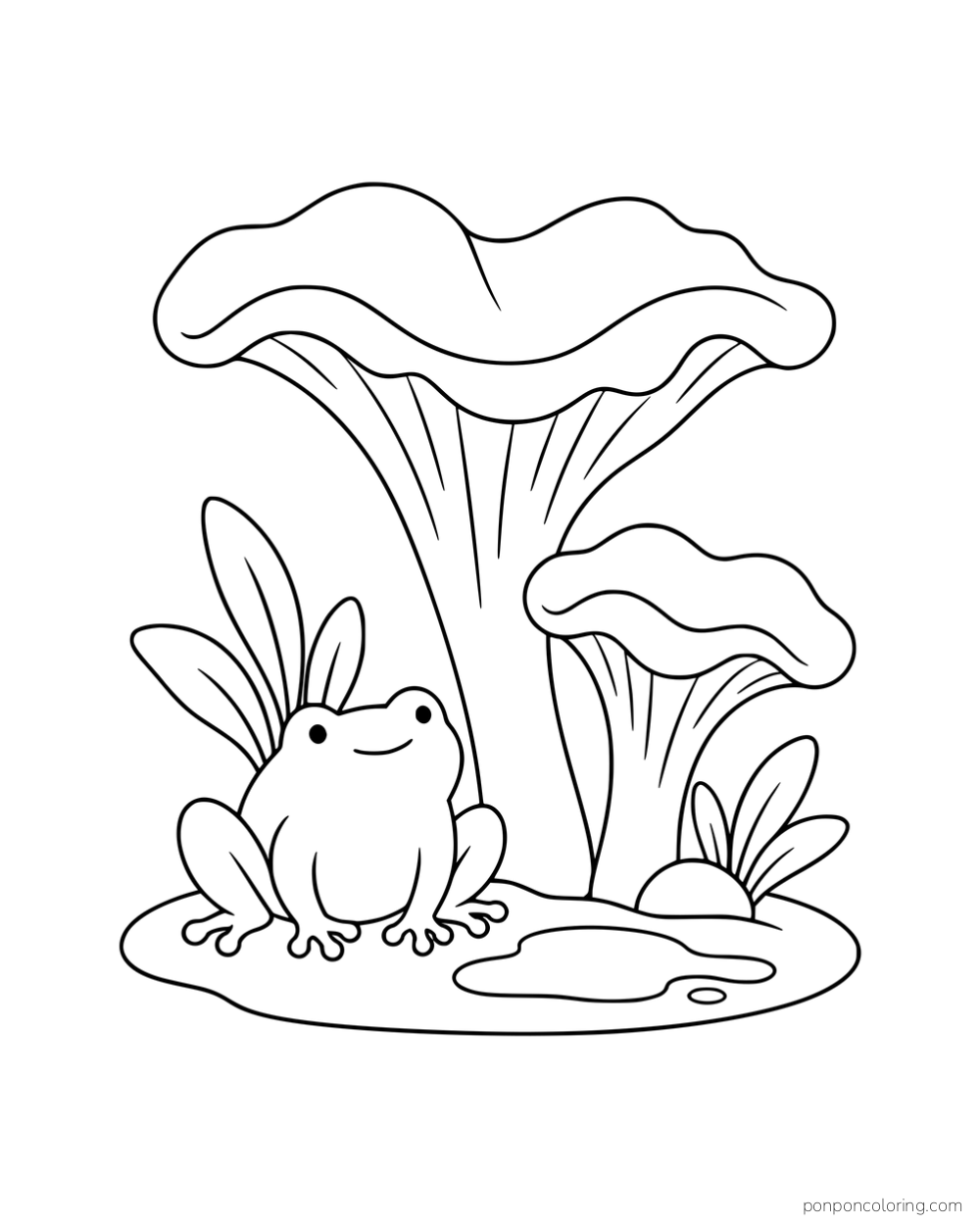 A frog sitting beside two wavy chanterelles, leaves and a puddle.