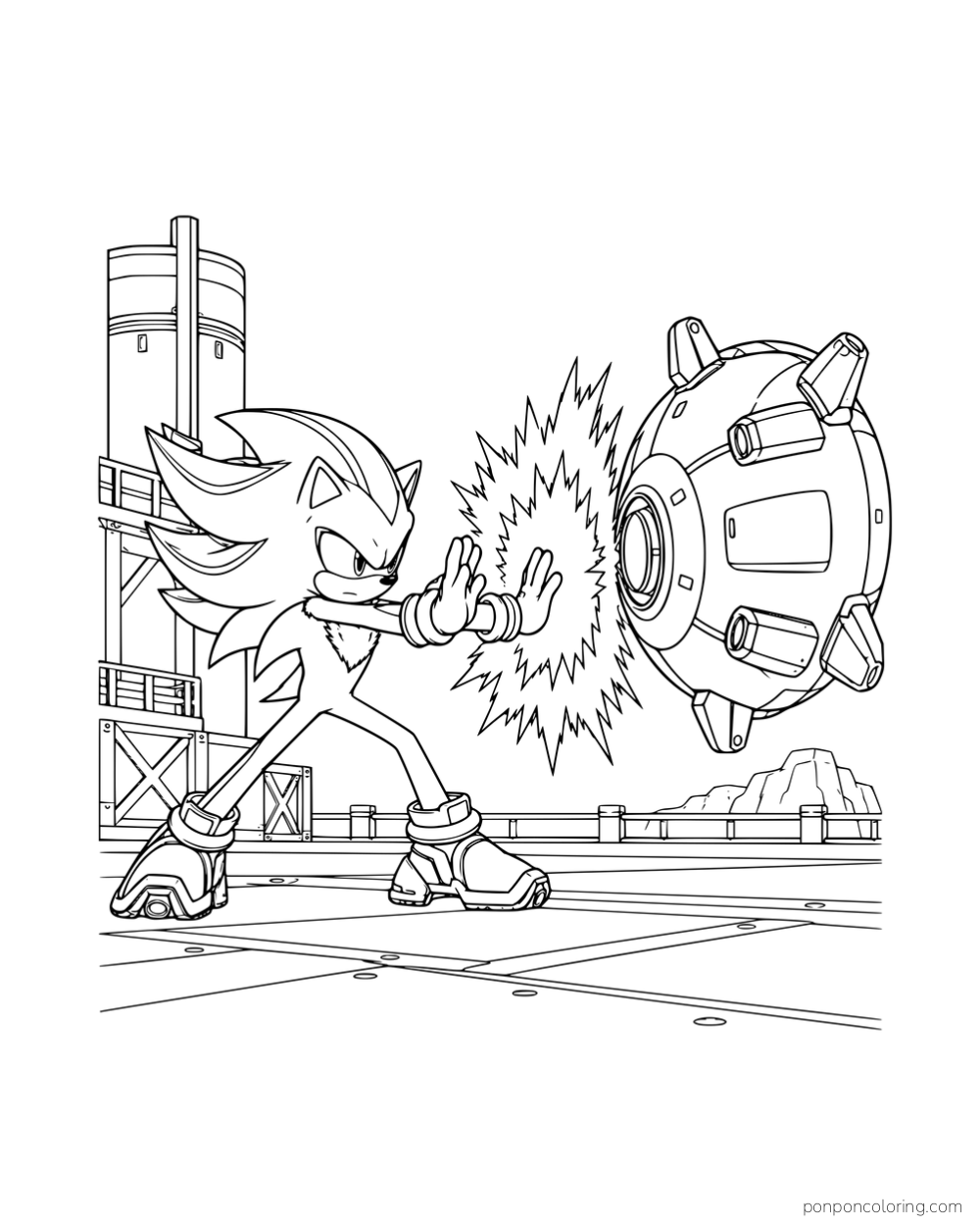 Shadow thrusting his palms toward a spherical robot with an energy burst between them.