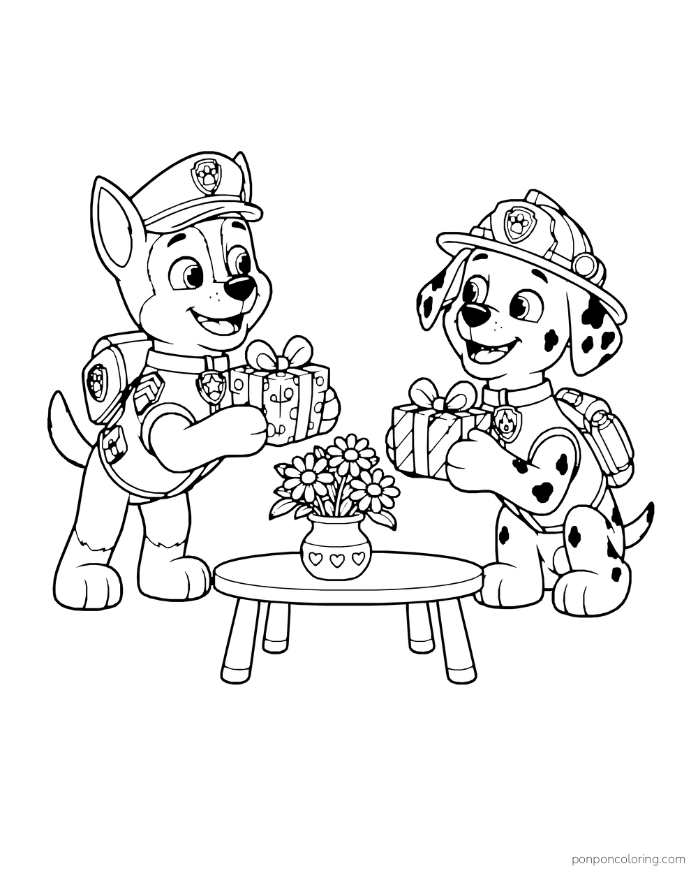 Chase and Marshall exchange gifts beside a low table with daisies.