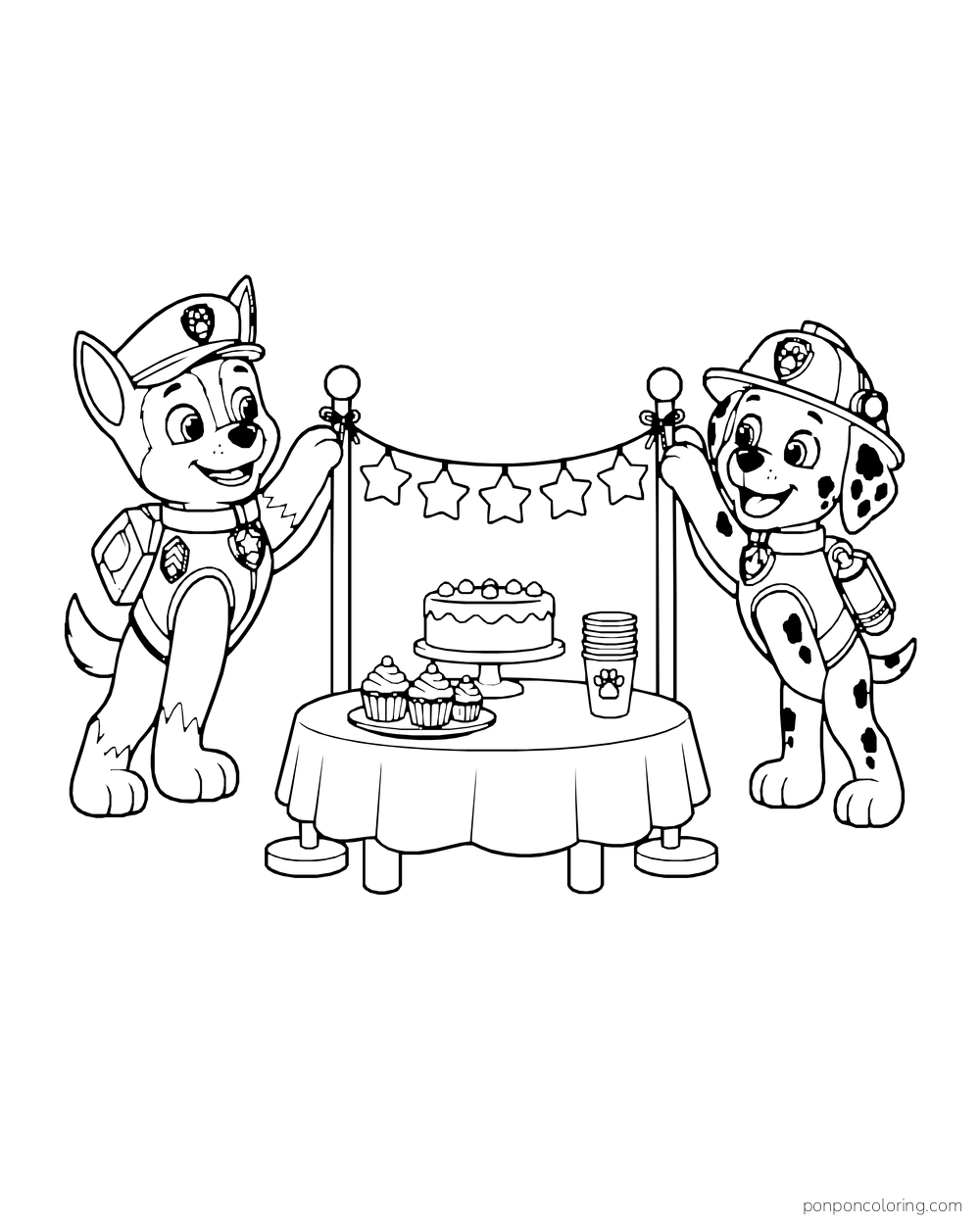 Chase and Marshall hang paper stars between two posts above a cake table.