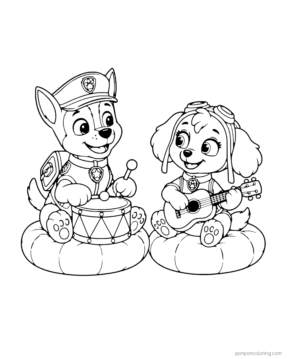 Chase plays a drum while Skye plays a ukulele on round cushions.