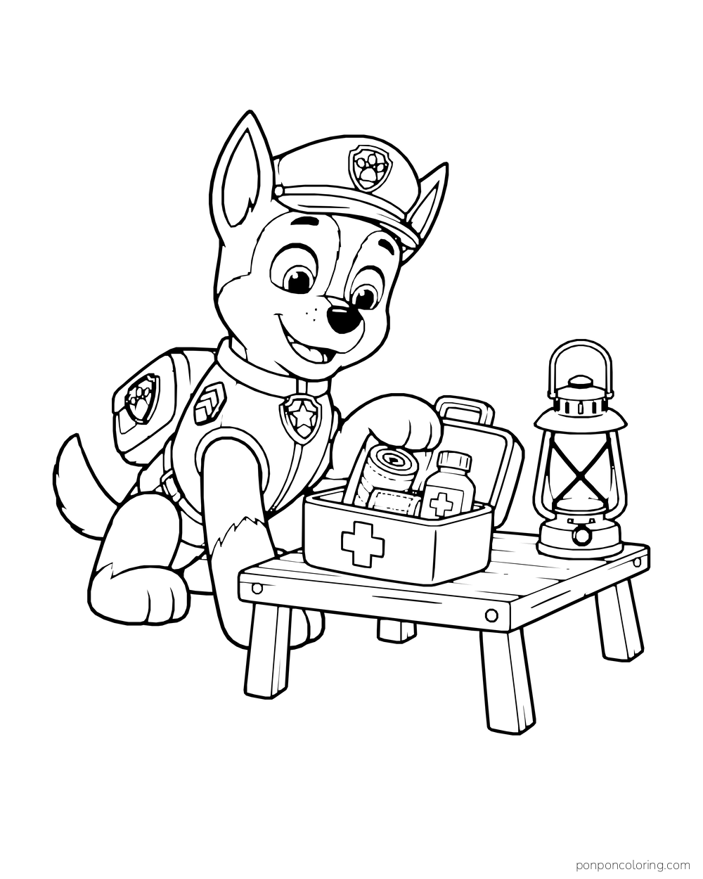 Chase checks a first aid kit on a low wooden table beside a lantern.