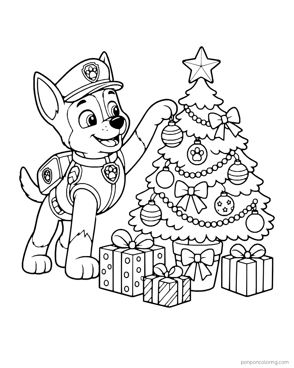 Chase decorates a Christmas tree with ornaments above wrapped gifts.