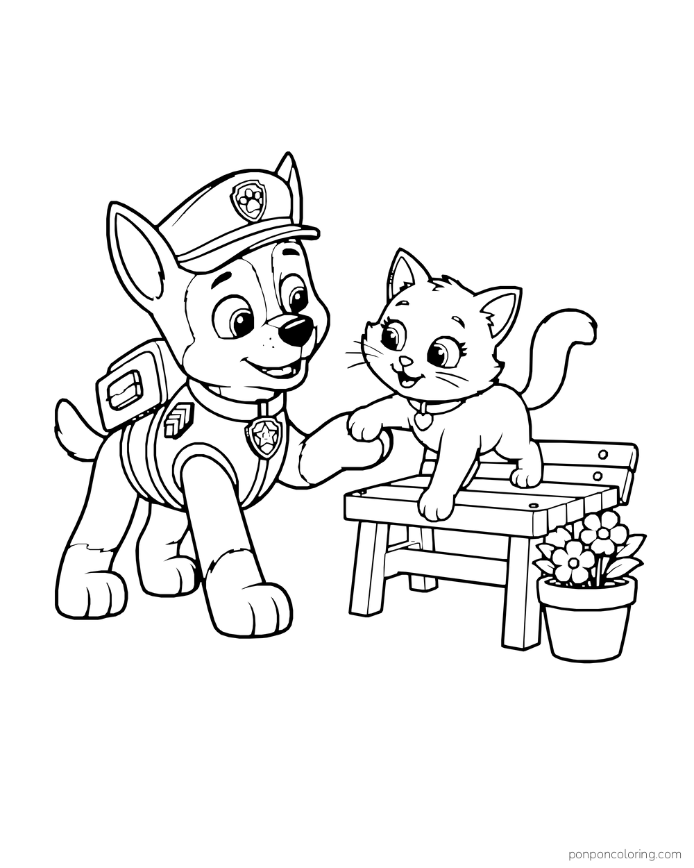 Chase offers a paw to a kitten on a low bench beside a flowerpot.