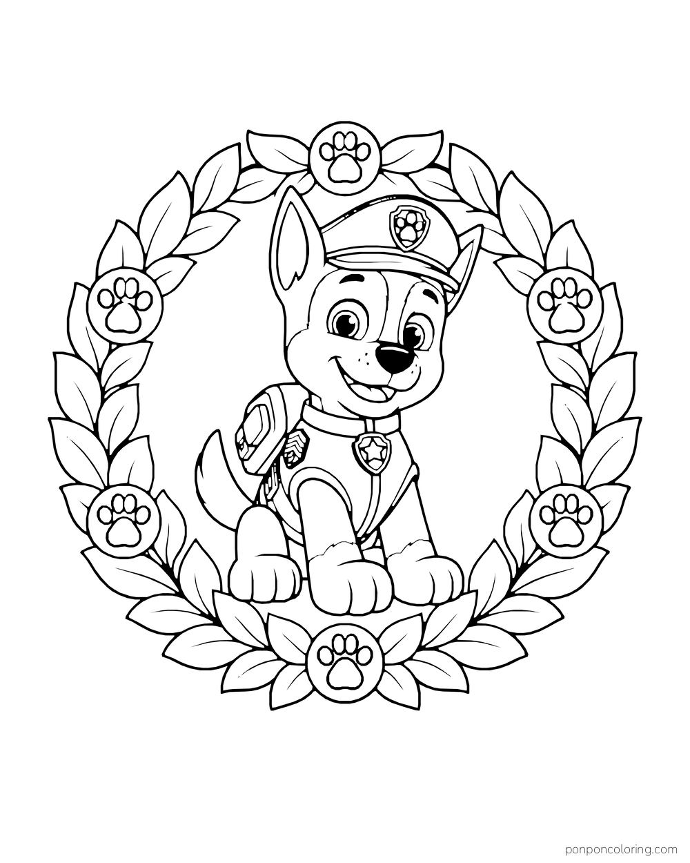 Chase sits inside a wreath of leaves and flowers with paw-shaped centers.