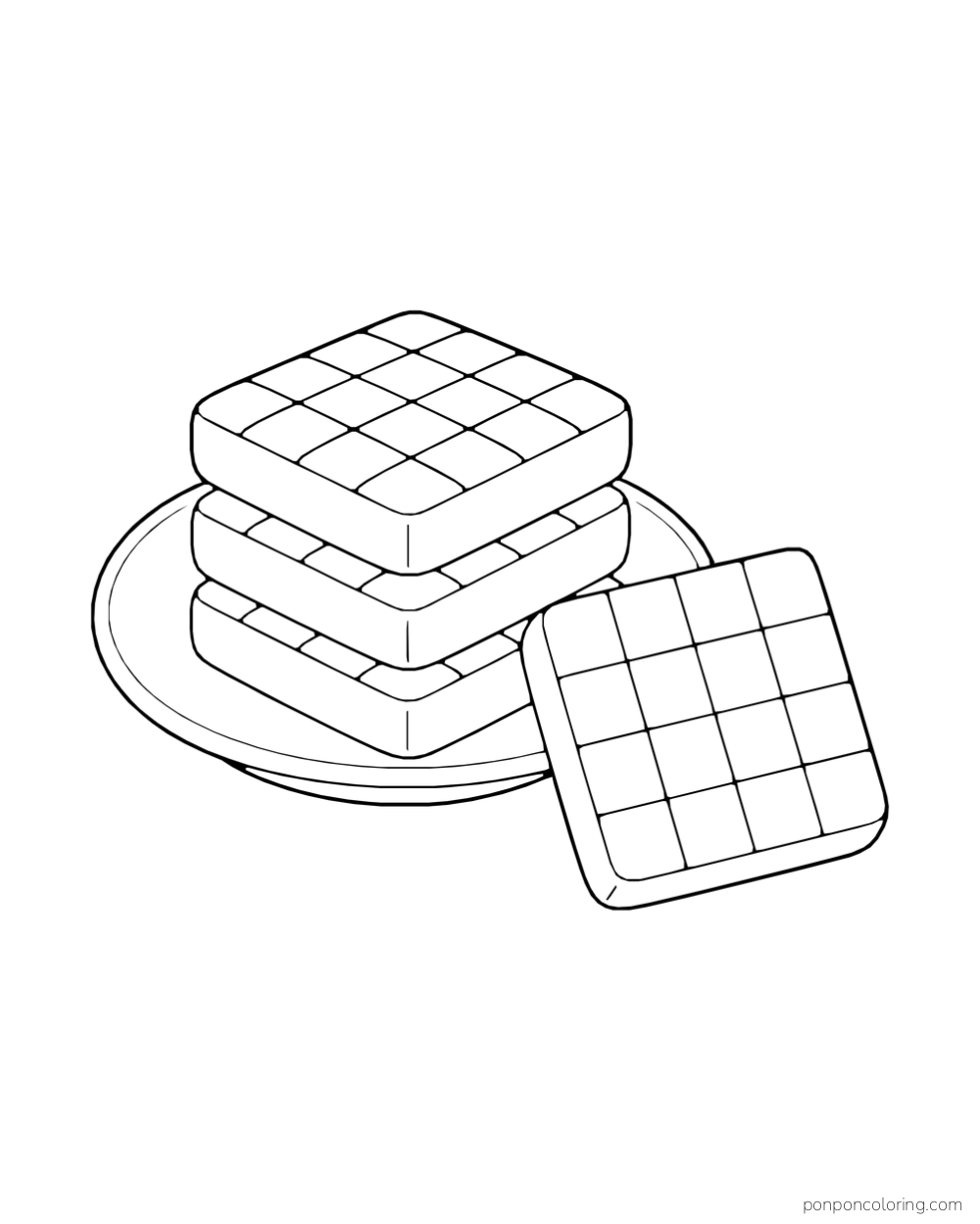 Three square checkerboard cookies stack on a saucer beside a fourth tilted cookie.