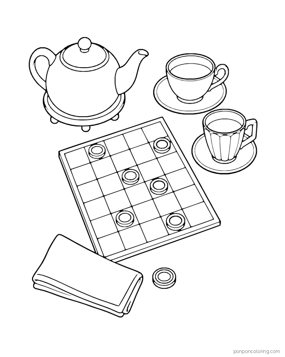 Overhead view of a checkers board, round pieces, teapot, two cups, and folded napkin.