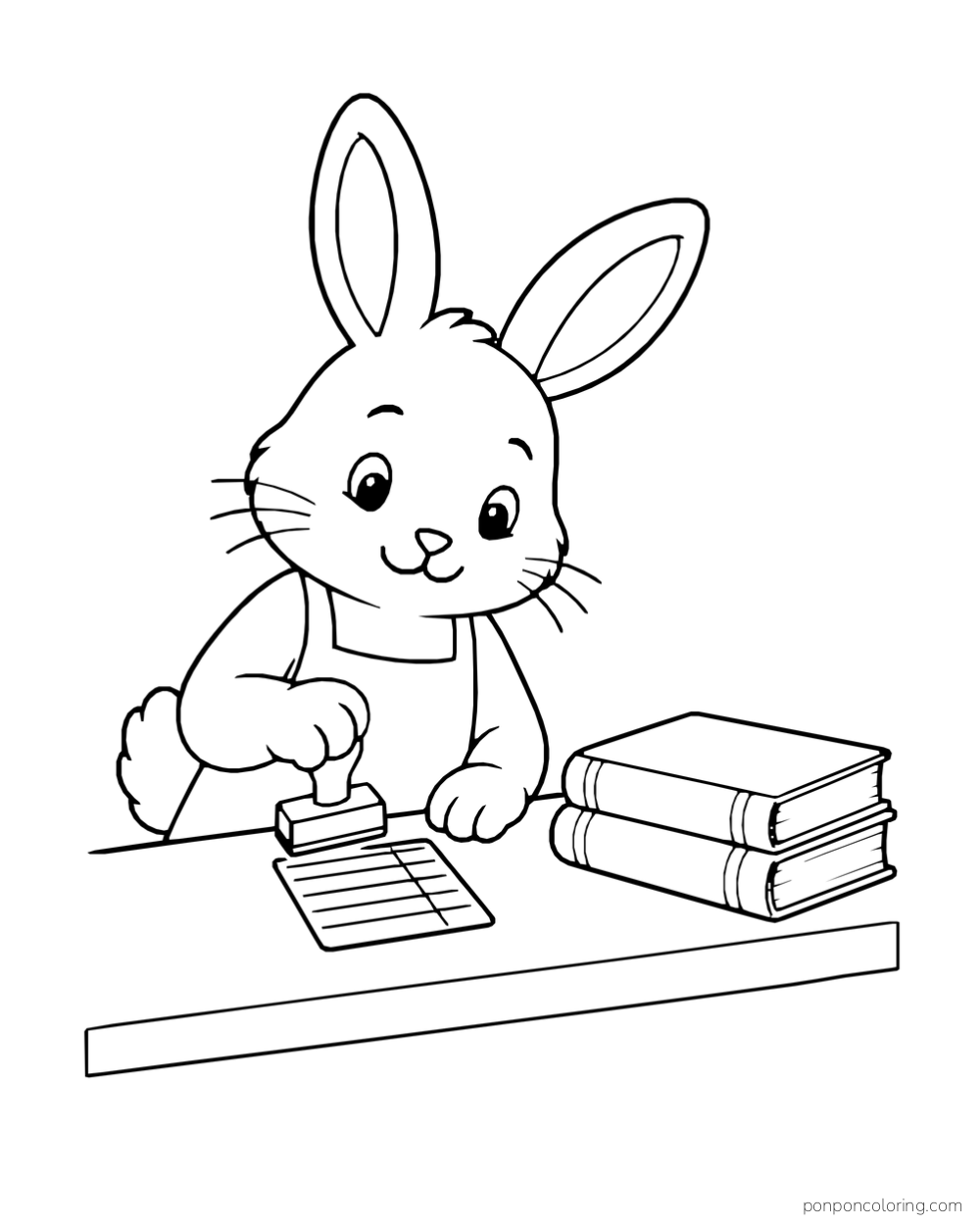 A rabbit stamping a card at a counter beside two stacked books.