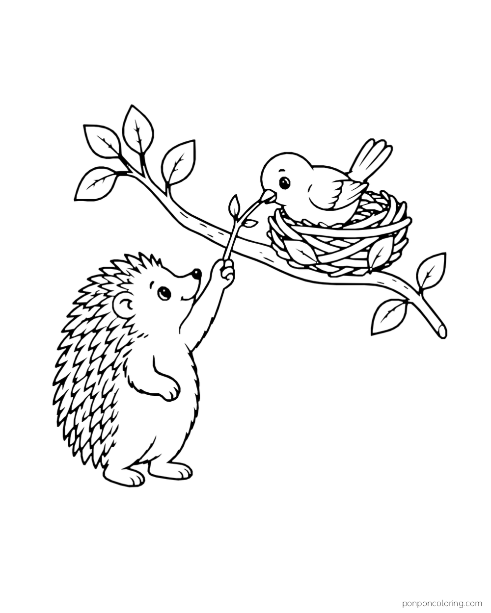 A hedgehog reaches a twig toward a bird in a nest on a leafy branch.