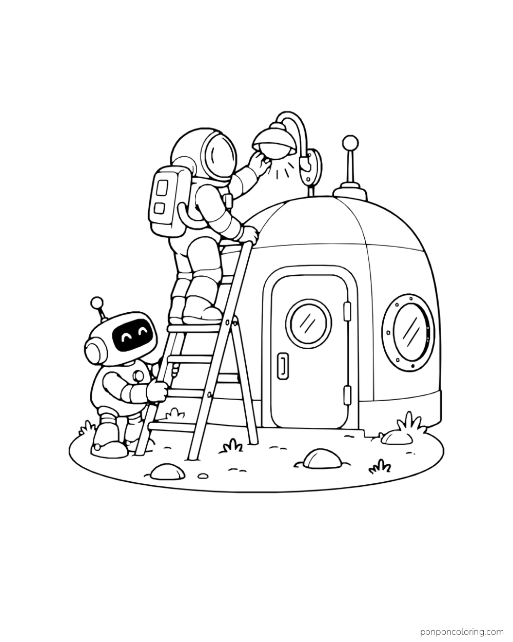 A robot steadies a ladder while an astronaut reaches the light atop a dome.