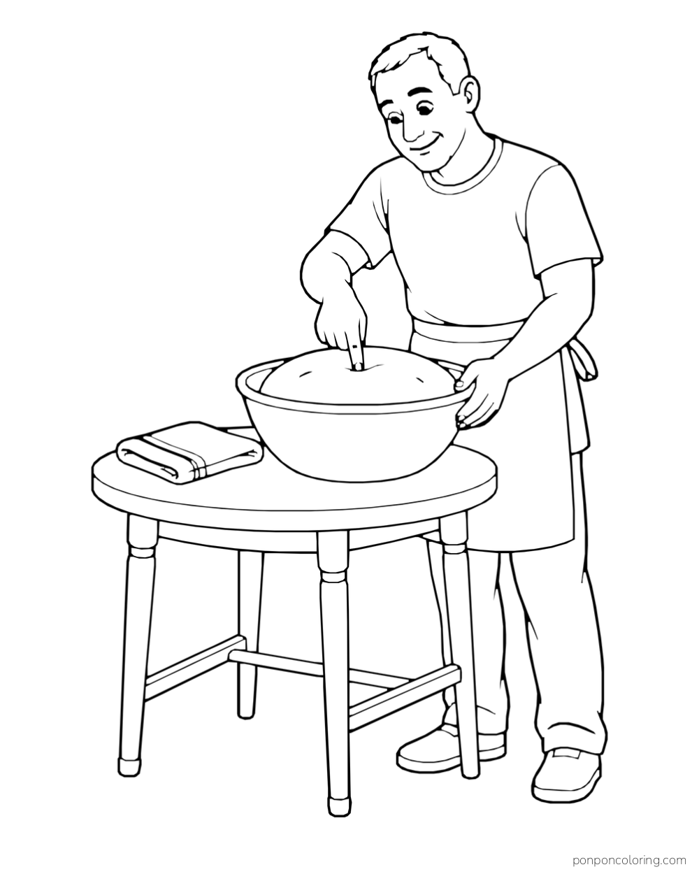 An adult presses a fingertip into a broad round of dough in a mixing bowl on a table.