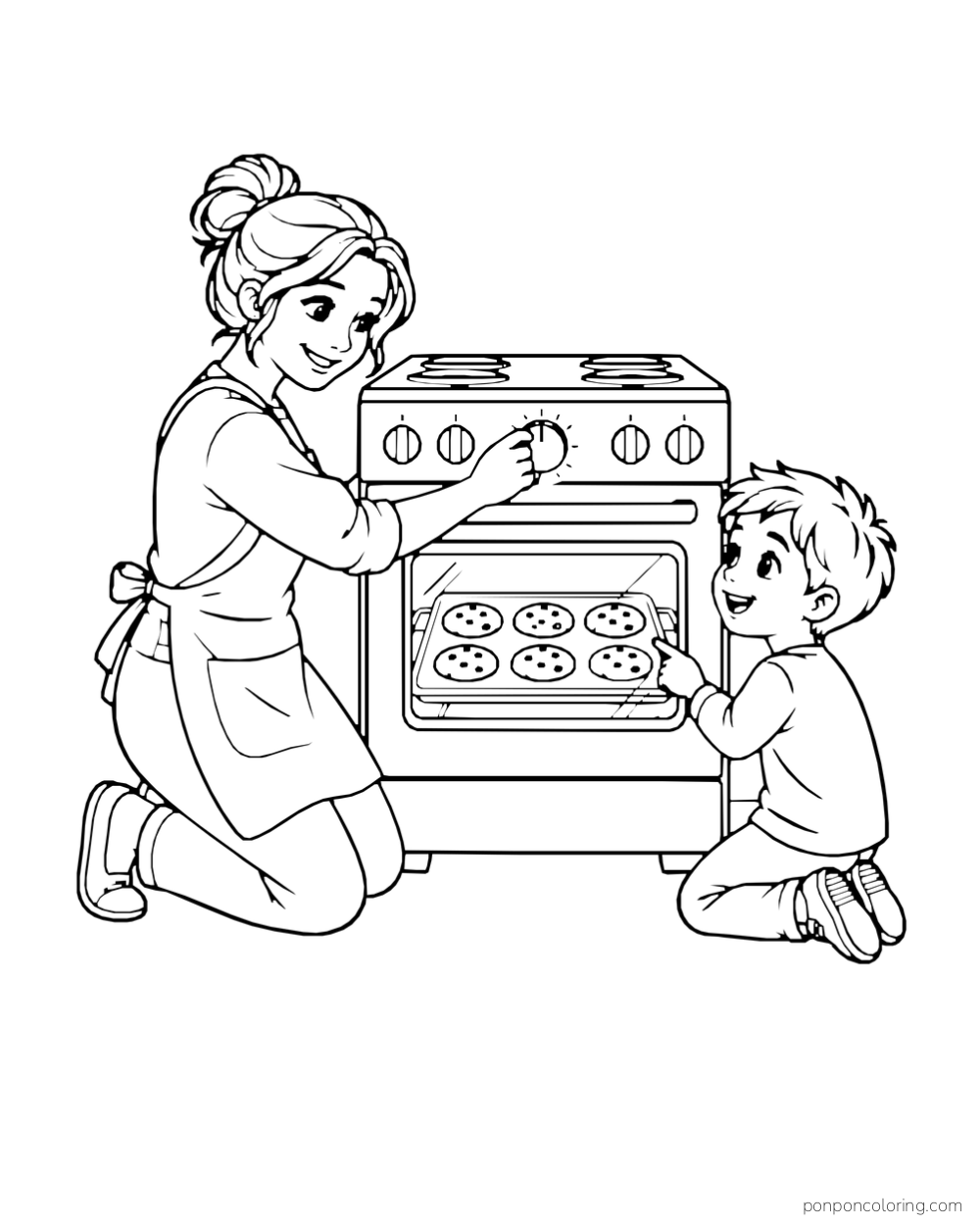 A parent adjusts the oven timer while a child watches a tray of cookies.