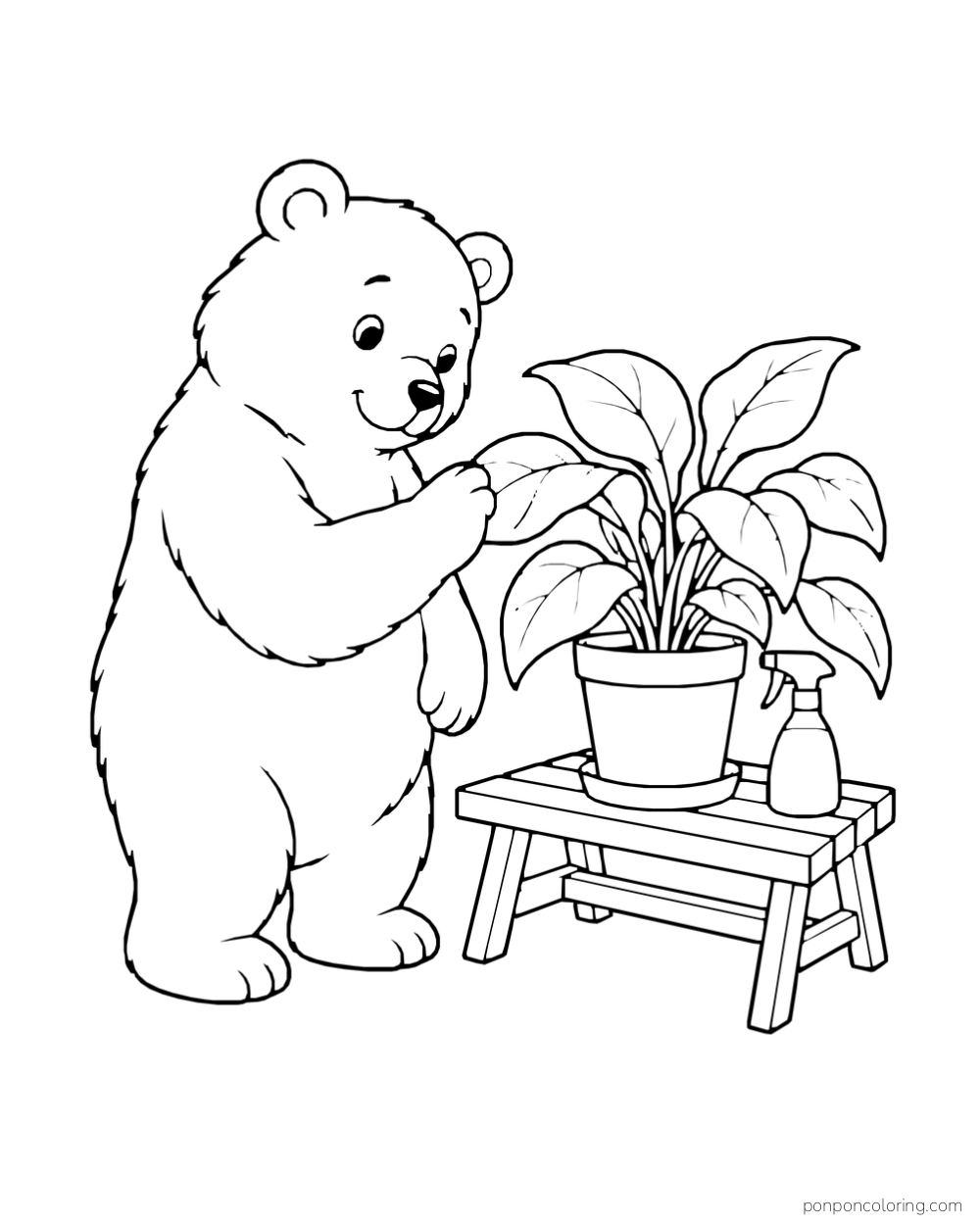 A bear touches a broad leaf on a plant standing on a low bench beside a spray bottle.