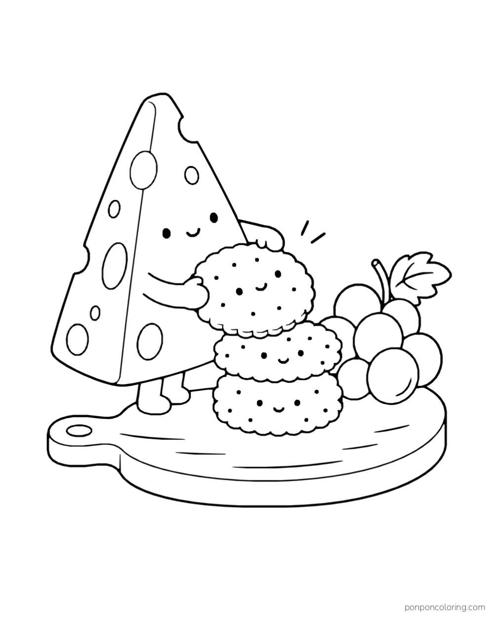 A wedge of cheese stacks three round crackers on a wooden board beside grapes.
