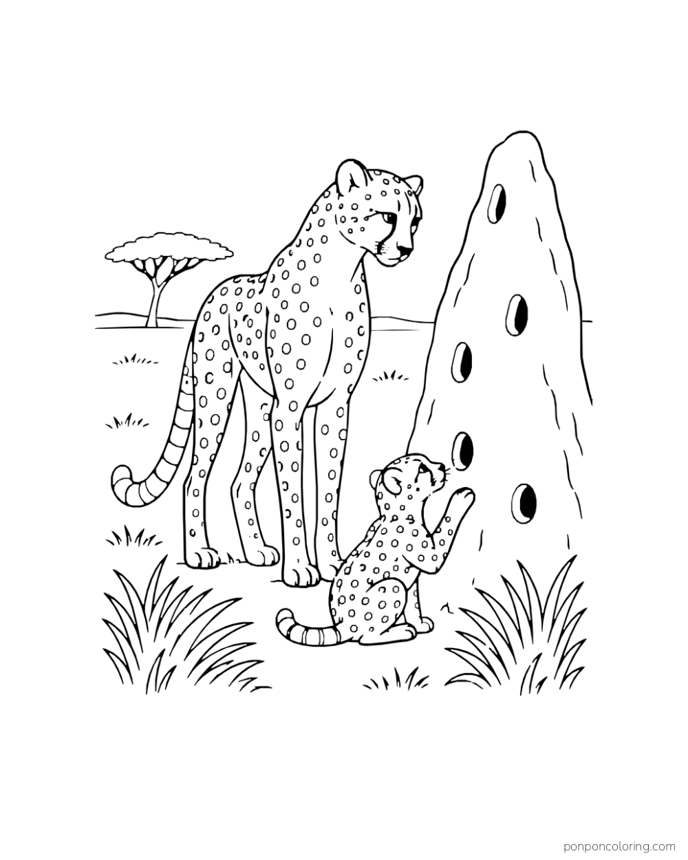 An adult cheetah and cub look at a tall mound with oval openings.