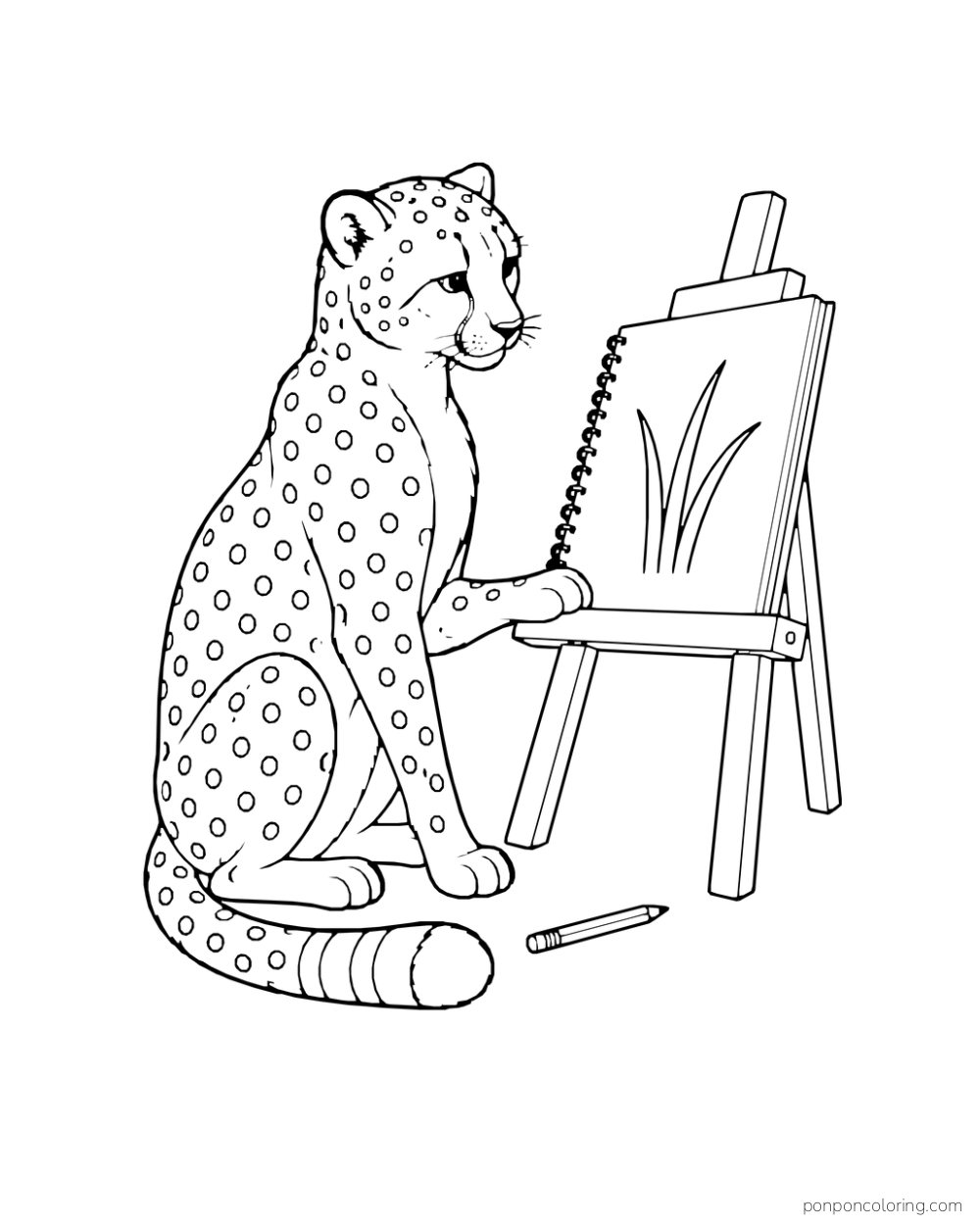 A cheetah looks at a grass drawing on a sketchbook set on a small easel.