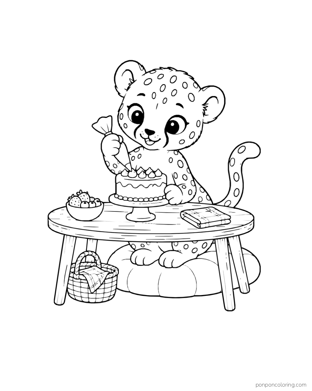 A cheetah using a piping bag to decorate a cake on a low table, beside a berry bowl, folded napkin, and basket under the table.