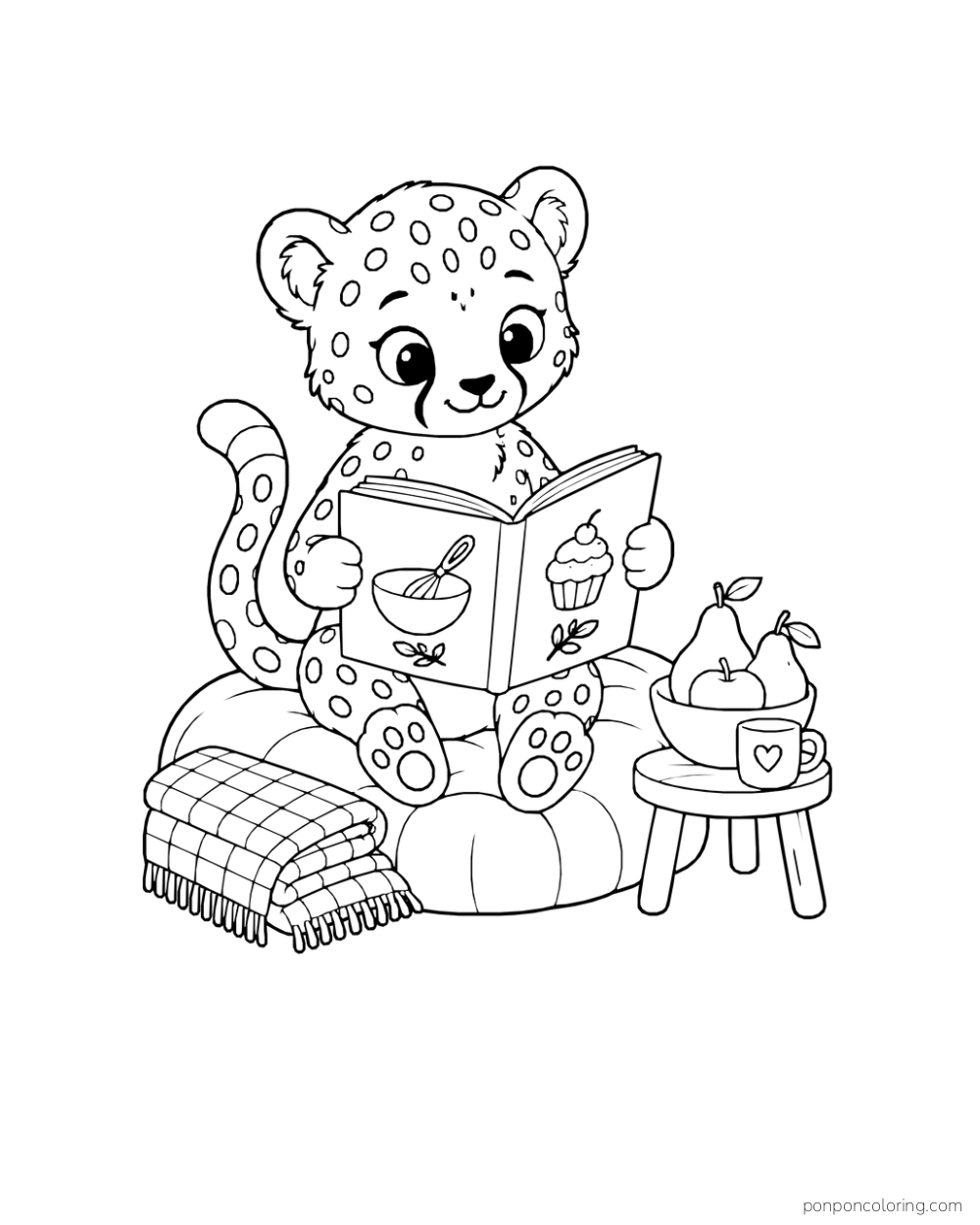 A cheetah reading a book with bowl and cupcake pictures on its cover, seated on a cushion beside a blanket, fruit bowl, and heart mug.