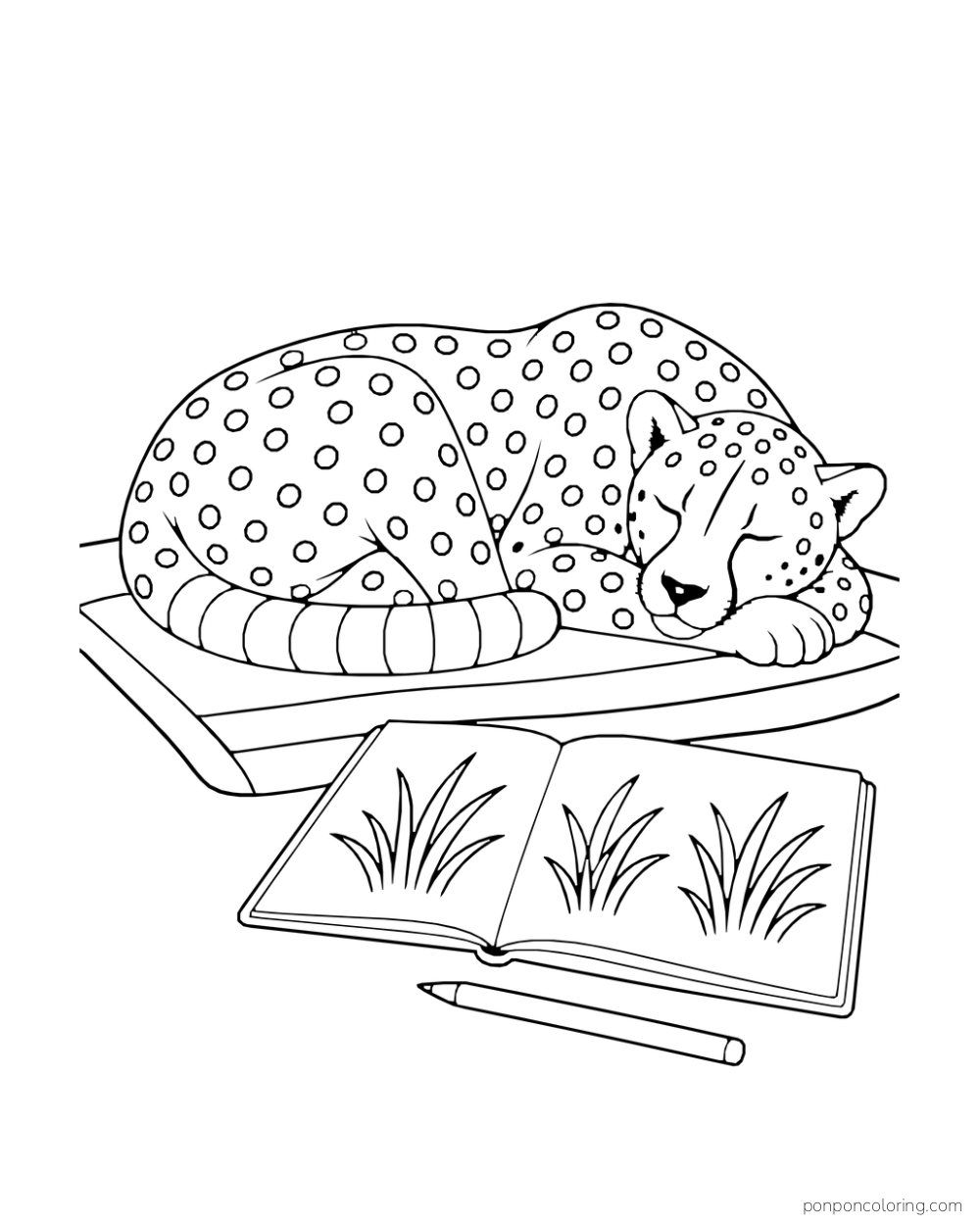 A cheetah sleeps on a mat beside an open journal with grass sketches and a pencil.