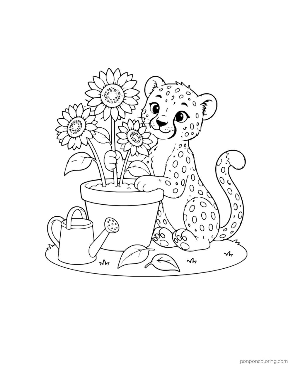 A cheetah holding a sunflower stem beside a pot of three sunflowers, a watering can, and two loose leaves on a grassy patch.