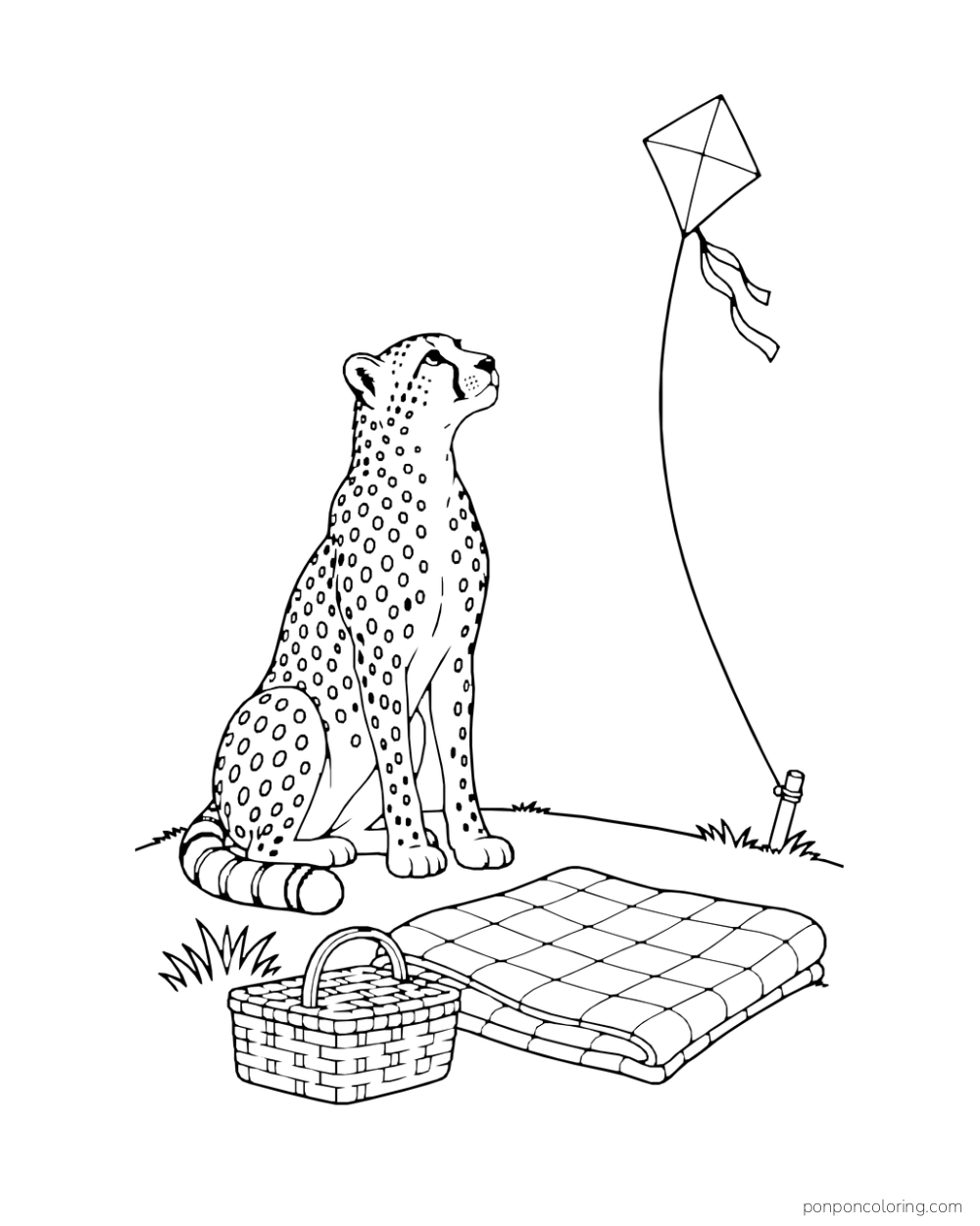 A cheetah looks up at a kite beside a blanket and small basket.