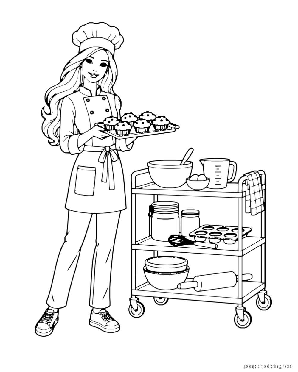 Barbie wears a chef hat and coat while holding a tray of muffins beside a kitchen trolley.