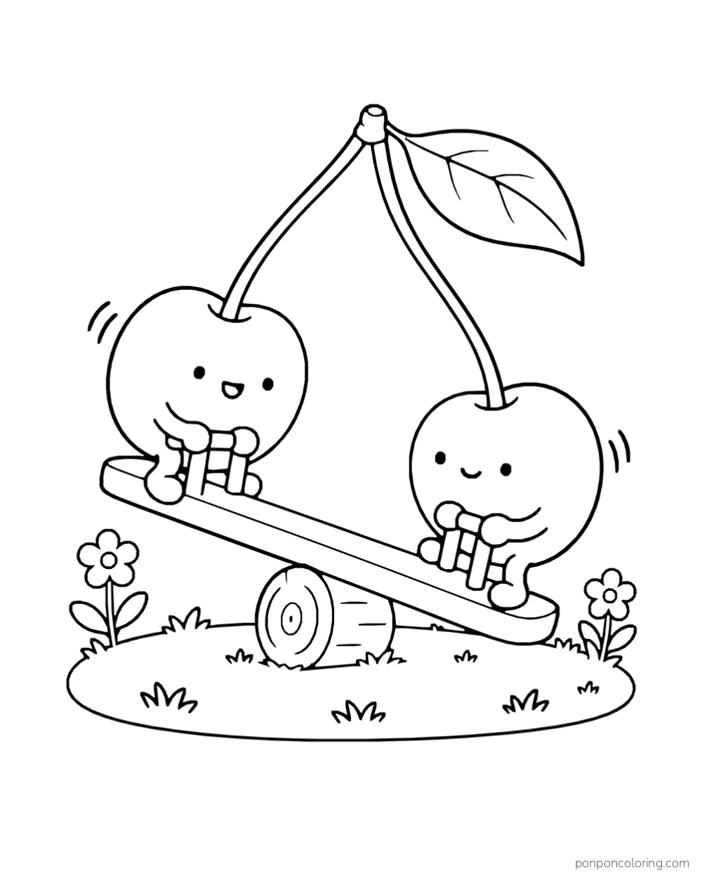 Two cherries joined by their stems ride a seesaw balanced on a short log.