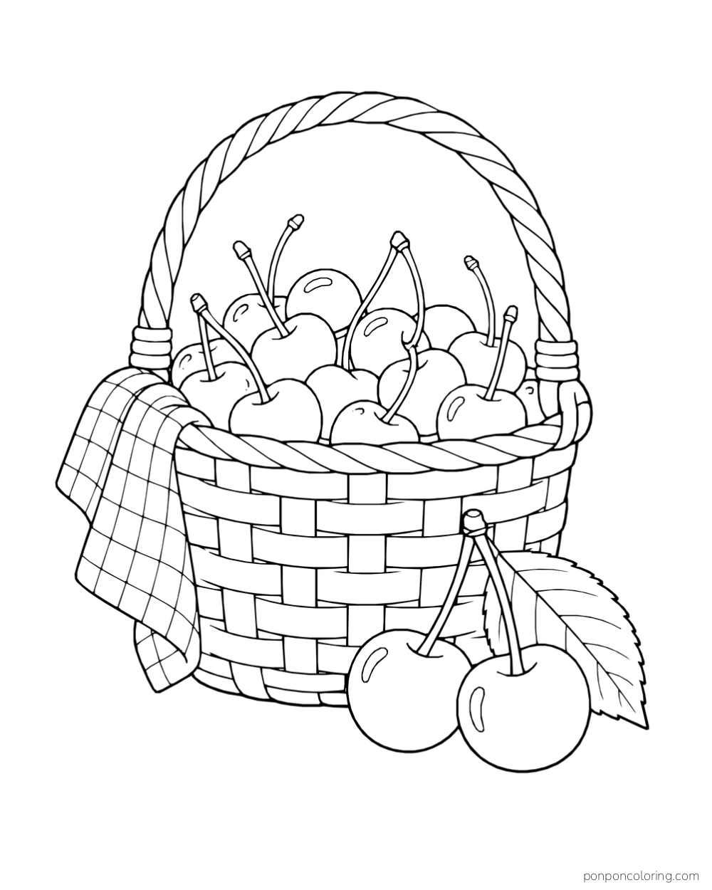 A woven basket of cherries with a twisted handle and checked cloth, with a pair of cherries and a large leaf in front.