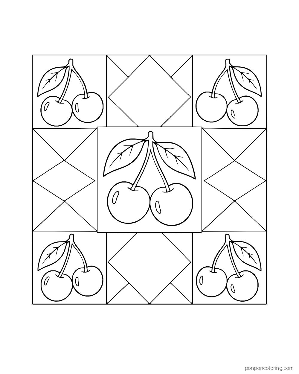 A square quilt design alternates cherry-pair blocks with large geometric patches.