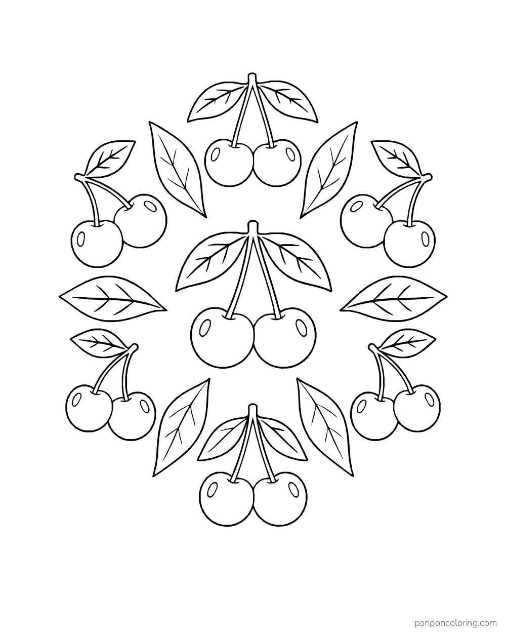 Cherry pairs and pointed leaves radiate into a loose sunburst pattern.
