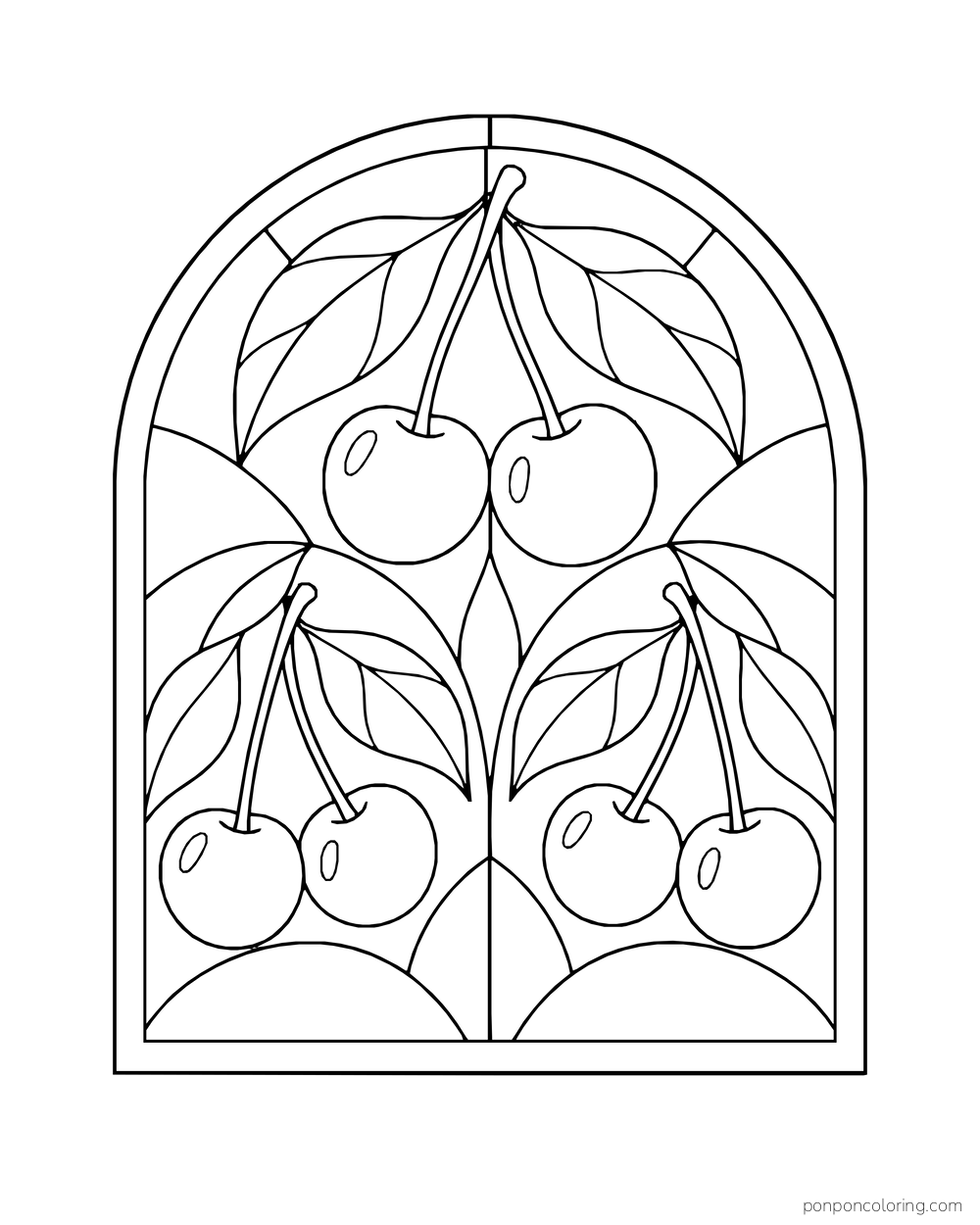 Cherry pairs and broad leaves fill an arched stained-glass window design.